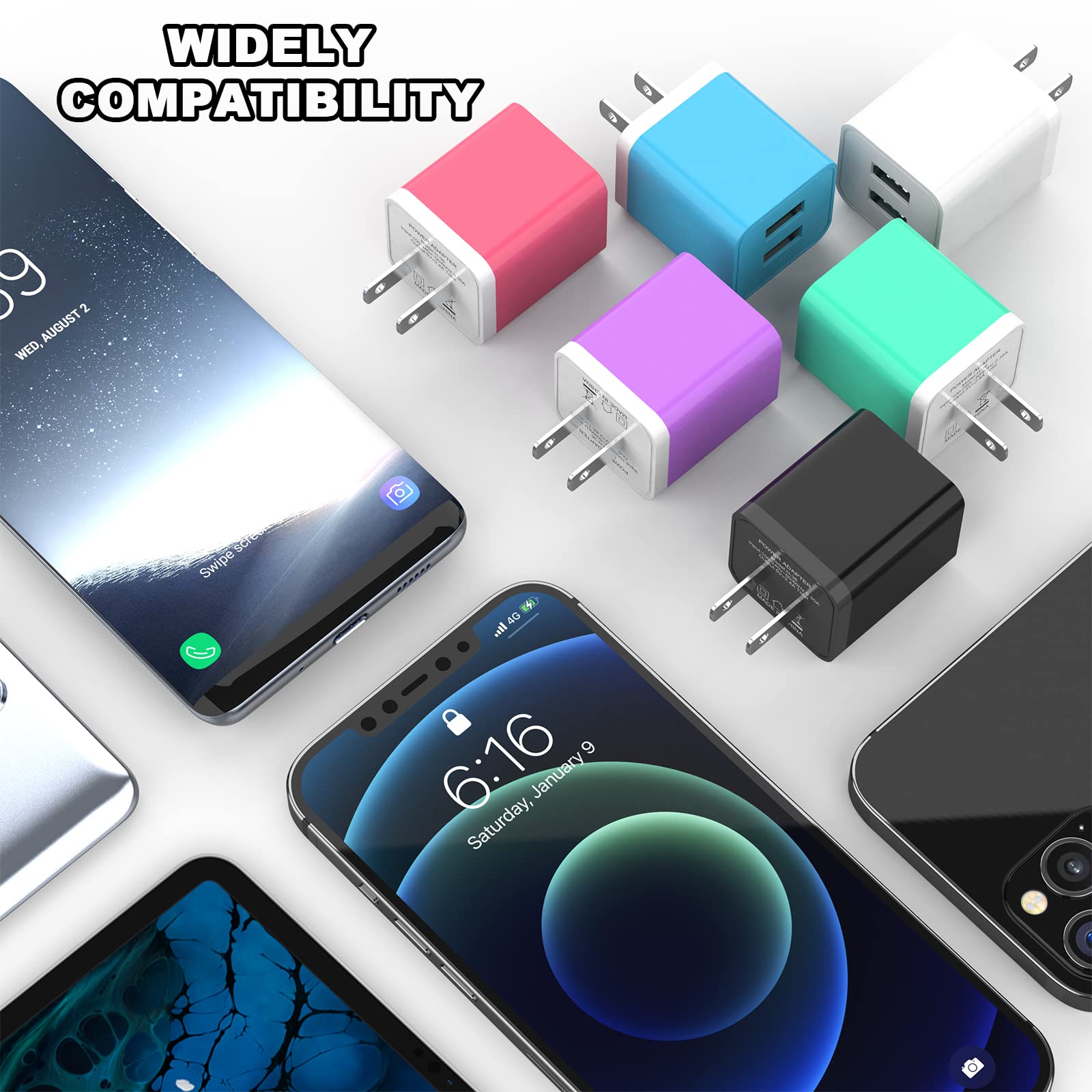 6Pack USB Wall Charger, iGENJUN 2.4A Dual USB Port Cube Power Plug Adapter Fast Phone Charger Block Charging Box Brick for iPhone 17/17 Pro/17 Pro Max/16, Samsung Galaxy, Pixel, LG, Android-Colorful