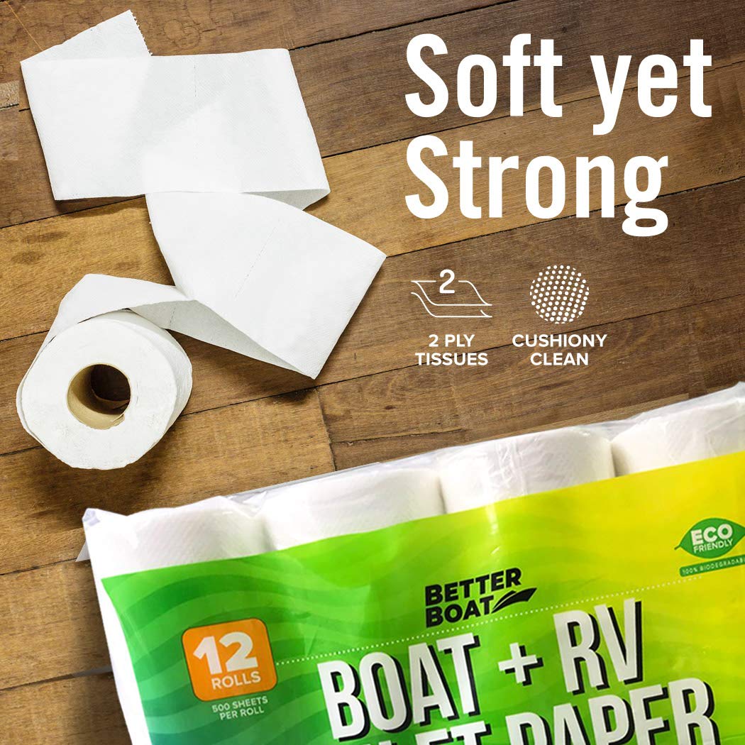 Boat and RV Toilet Paper, Septic Safe Quick Dissolving Tissue, 12 Single Rolls, Biodegradable 2-Ply for Marine, Travel, and Camper Systems, Camping Tank-Safe Bulk Pack