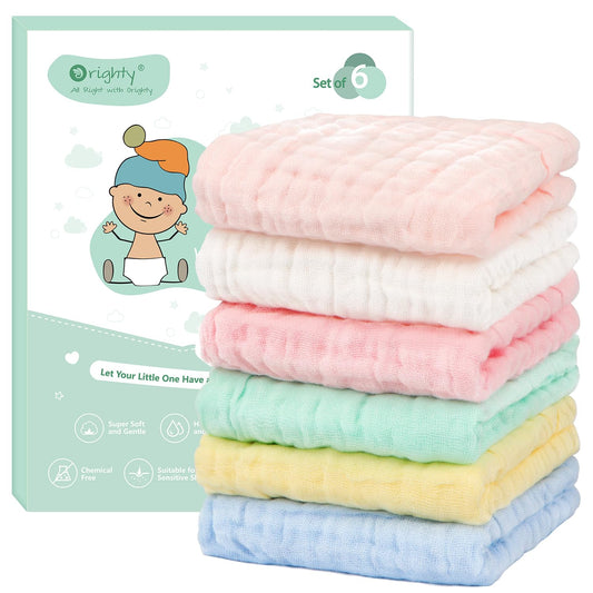 Orighty Muslin Baby Washcloths Pack of 6 - Soft Face Cloths for Newborn, Absorbent Baby Bath and Face Towels, 100% Cotton Baby Wipes, Burp Cloths, Feeding Towels for Babies and Infants - 10 x 10’’