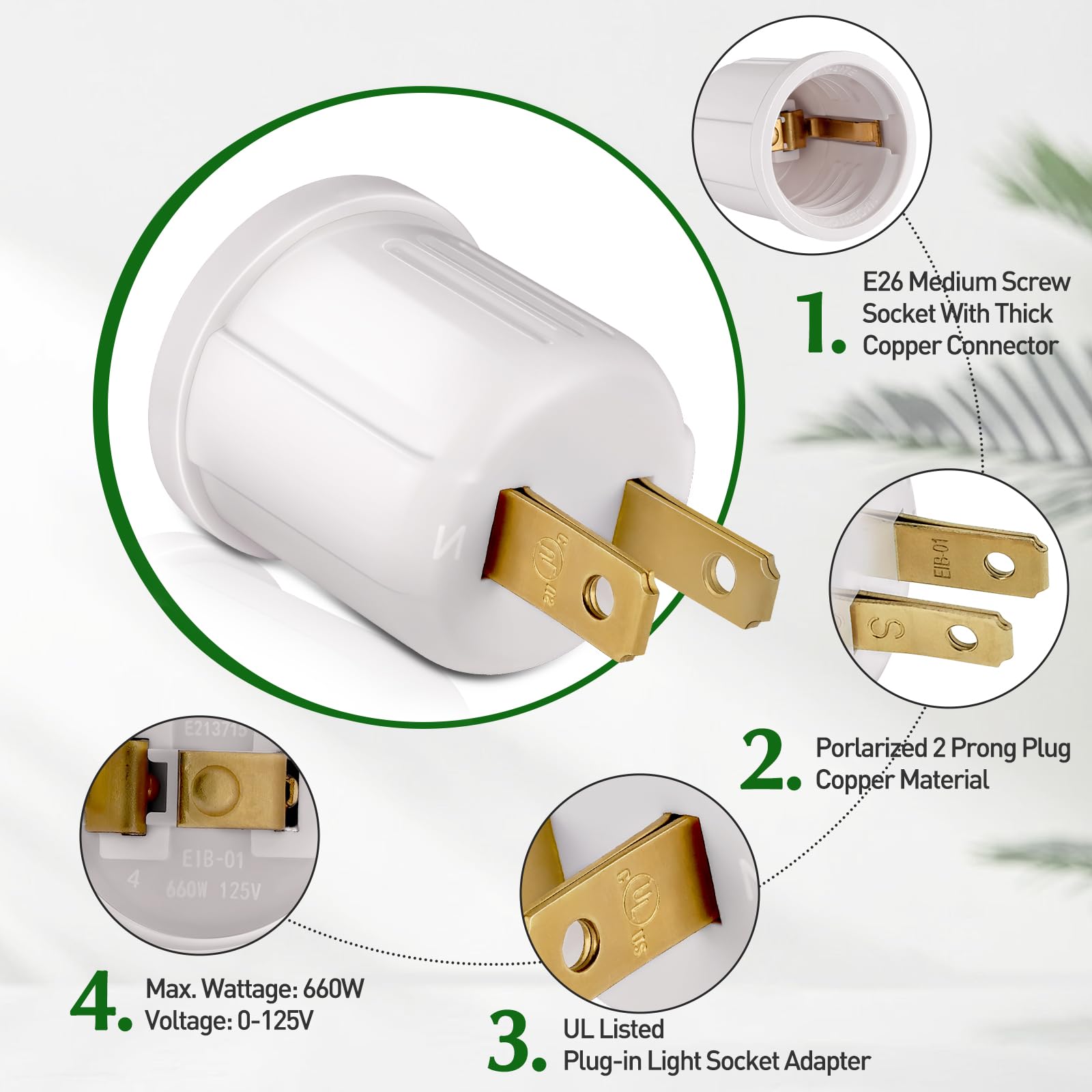 Outlet to Socket Adapter, Plug-in Light Socket, Convert Outlet to Light Bulb Socket, Polarized 2-Prong Outlet to E26 E27 Screw Base Bulb Socket, 660 Watt, 125 Volt, UL Listed (4-Pack)