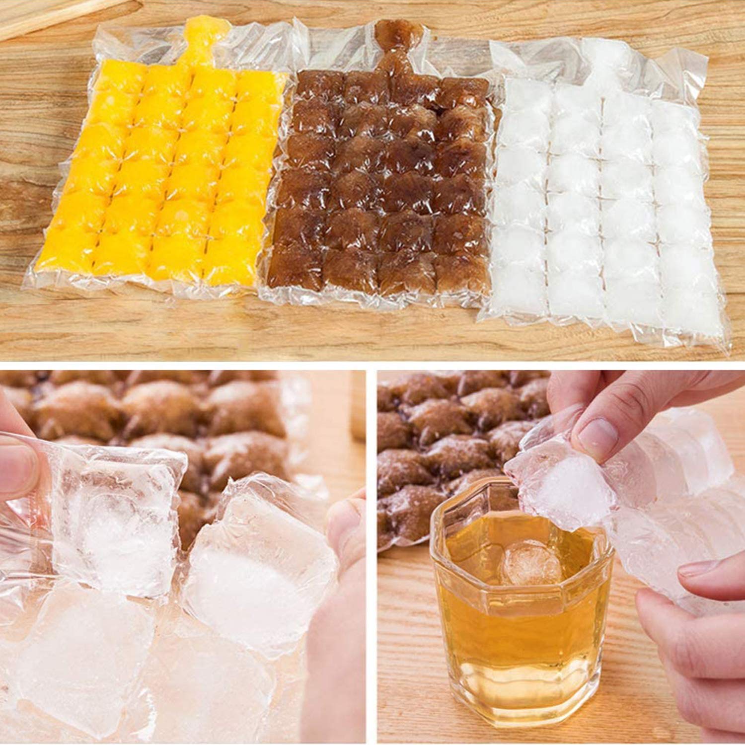 100 Bags Disposable Ice Cube Bags,Stackable Easy Release Ice Cube Mold Trays, Self-Seal Freezing Maker,Cold Ice Pack Cooler Bag for Cocktail Food Wine, Transparent with 1 funnels