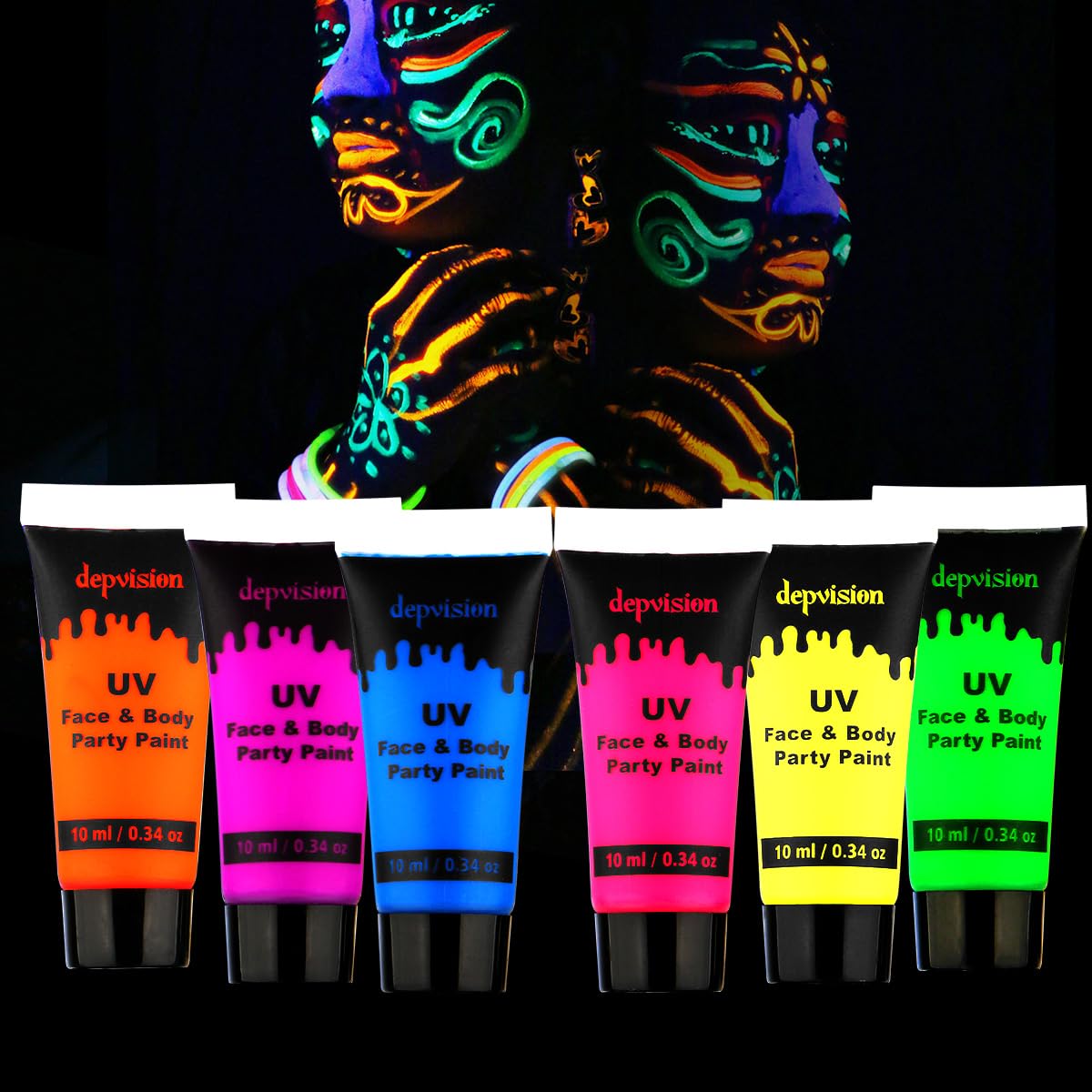 Depvision Glow in the Dark UV Face and Body Paint 6*10ml Neon Blacklight 0.34oz Reactive Fluorescent for Christmas Halloween Party Non-toxic