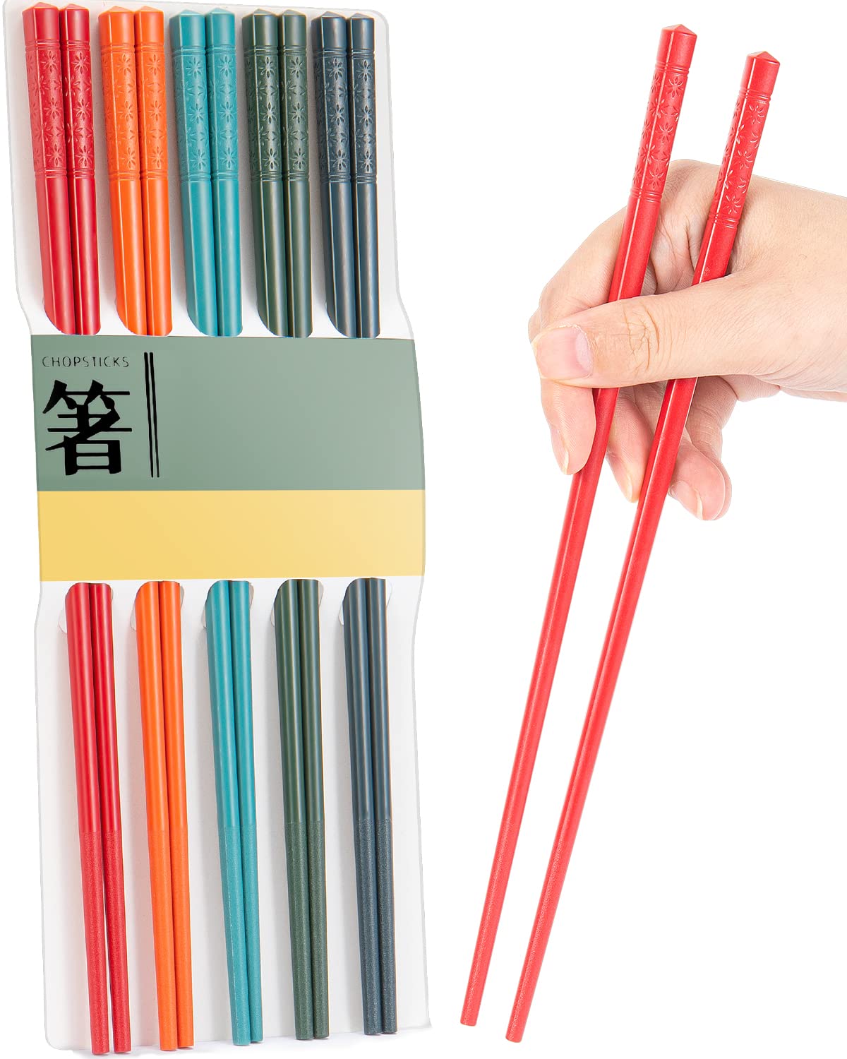 LIANGKEN 5 Pairs Dishwasher Safe Fiberglass Chopsticks Set,9.5 Inch Reusable Japanese Chinese Chopsticks , Non-Slip, Easy to Use (colorful ) (9.5 inch, colorful)