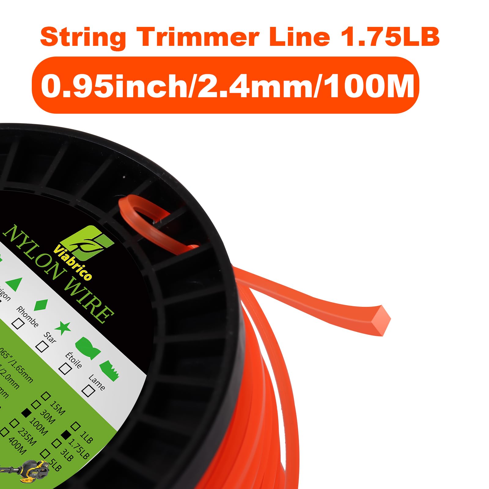 Viabrico String Trimmer Line, Square Orange Heavy Duty Weed Eater String, Premium Nylon Universal 0.095" x 1.7LB, 330Foot