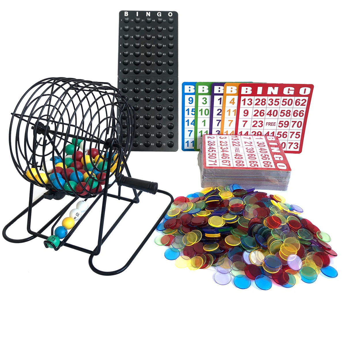 Yuanhe Deluxe Bingo-Spielset – Beinhaltet Metallkäfig, 500 bunte Bingo-Chips, 100 Bingokarten, 75 farbige Kugeln, Kunststoff-Masterboard, ideal für große Gruppen, Partys ...