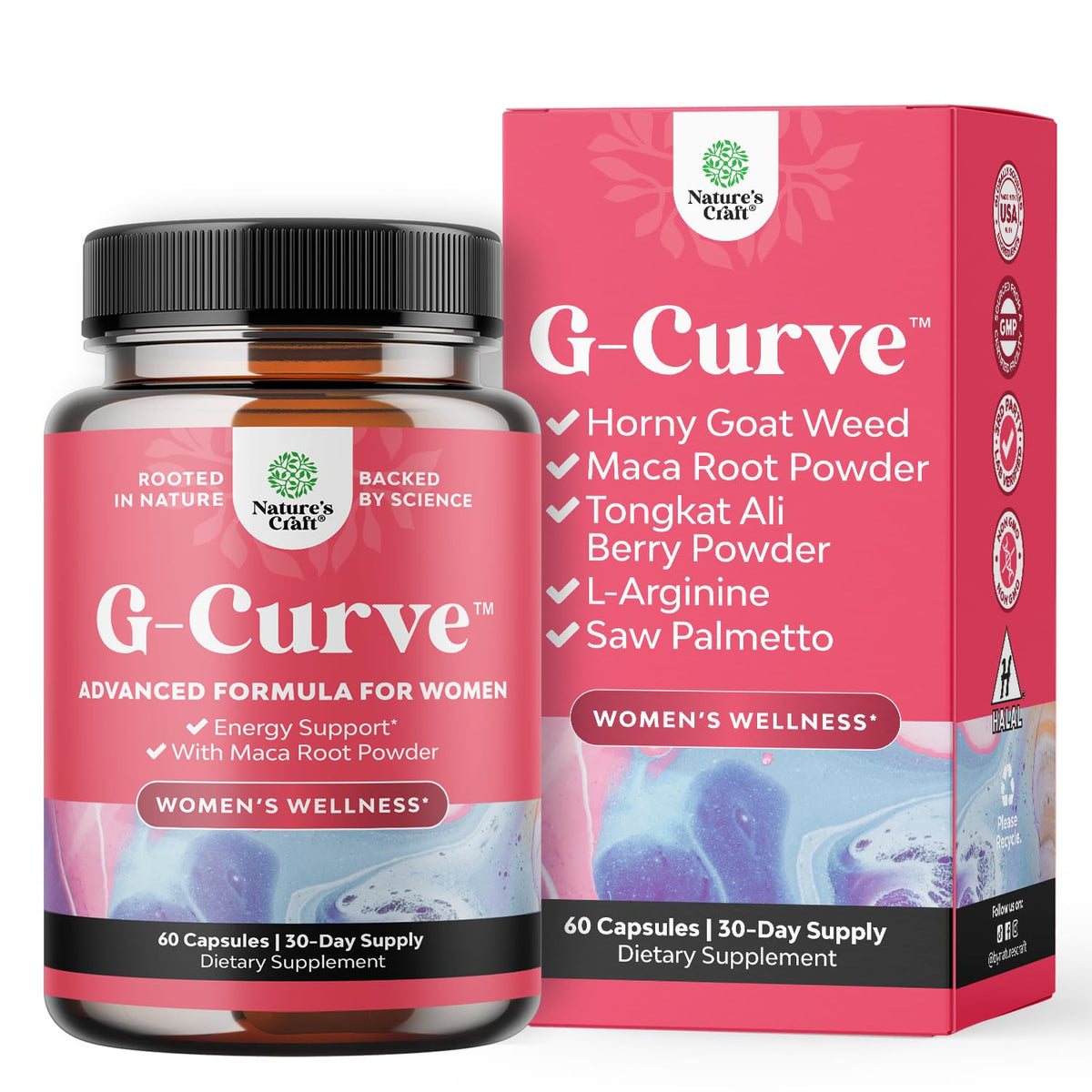 حبوب Natures Craft G-Curve لتكبير الأرداف والصدر - معزز عشبي قد يدعم منحنيات نحت الجسم مع مستخلص البلميط المنشاري وعشبة العنزة للنساء *تختلف النتائج 60 كبسولة