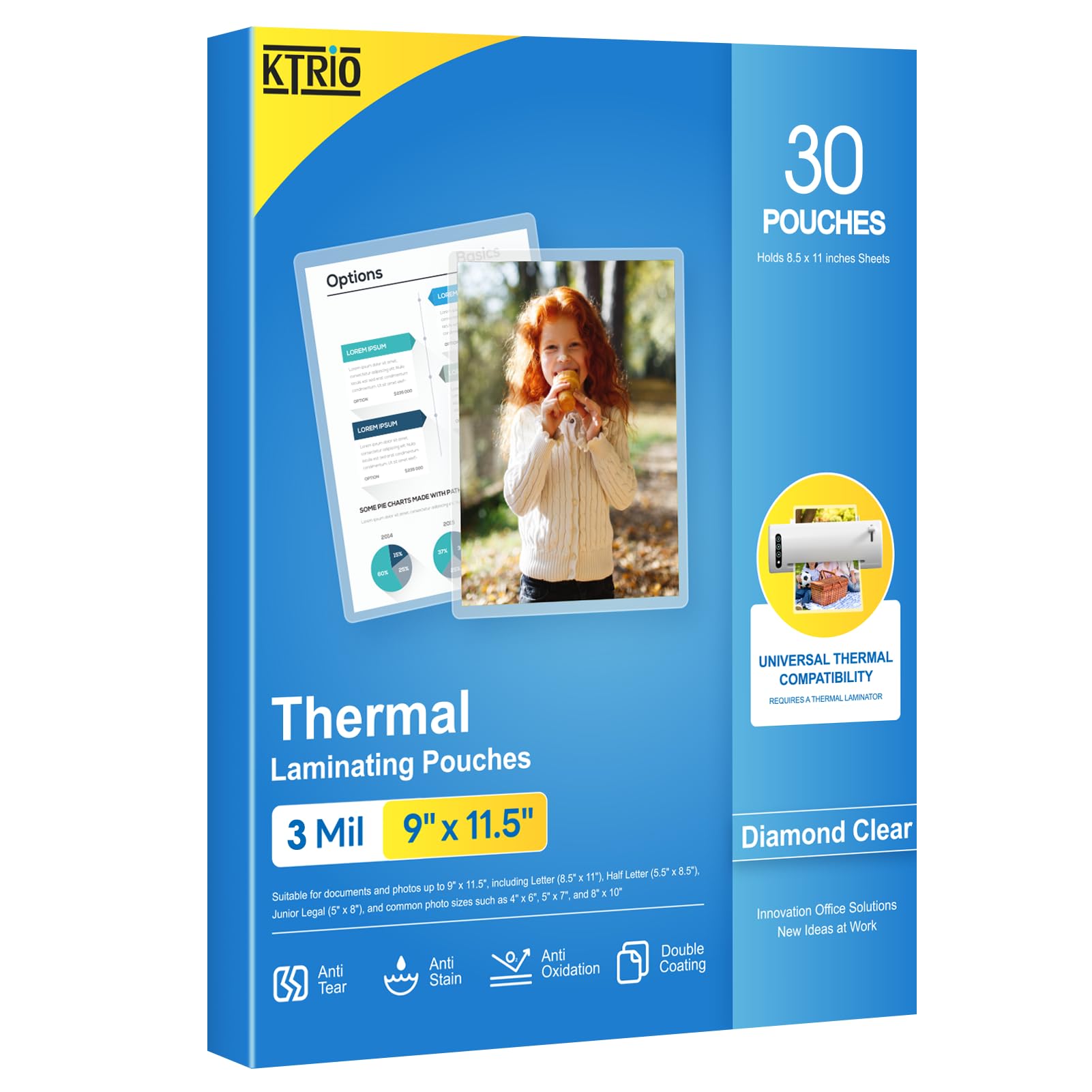KTRIO Laminating Sheets, Hold 8.5 x 11 inches Sheets, 30 Pack, 3 Mil Clear Thermal Laminate Pouches for Laminator, 9 x 11.5 inch Lamination Paper for School, Home & Office