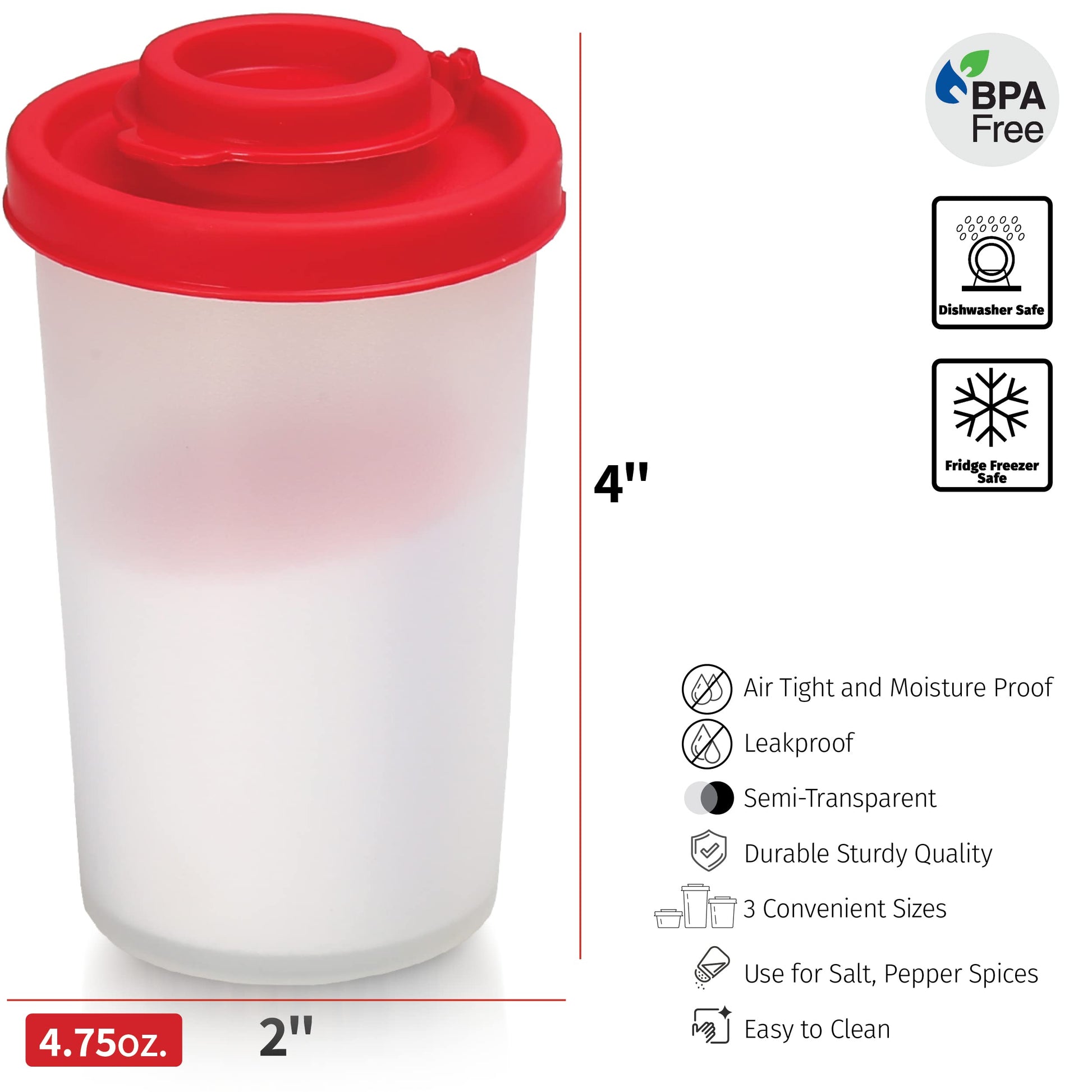 SIGNORAWARE Salt and Pepper Shakers Moisture Proof Set of 2 Large Salt Shaker to go Camping Picnic Outdoors Kitchen Lunch Boxes Travel Spice Set Clear with Red Covers Lids Plastic Airtight Dispenser