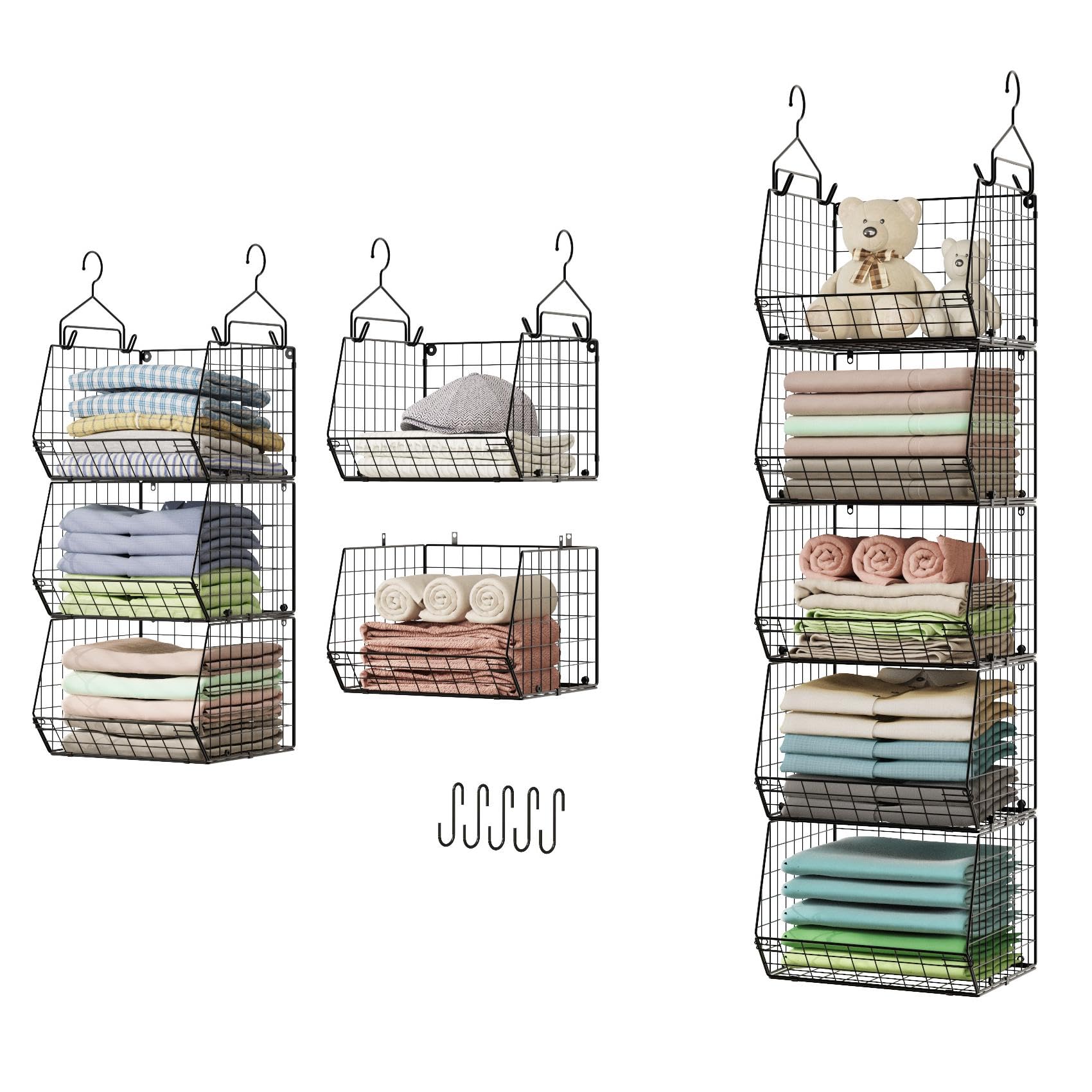 5 Tier Closet Hanging Organizer, Clothes Hanging Shelves with 4 Hanging Hooks 5 S Hooks, Wire Storage Basket Bins, for Clothing Sweaters Shoes Handbags Clutches Accessories Patent Design