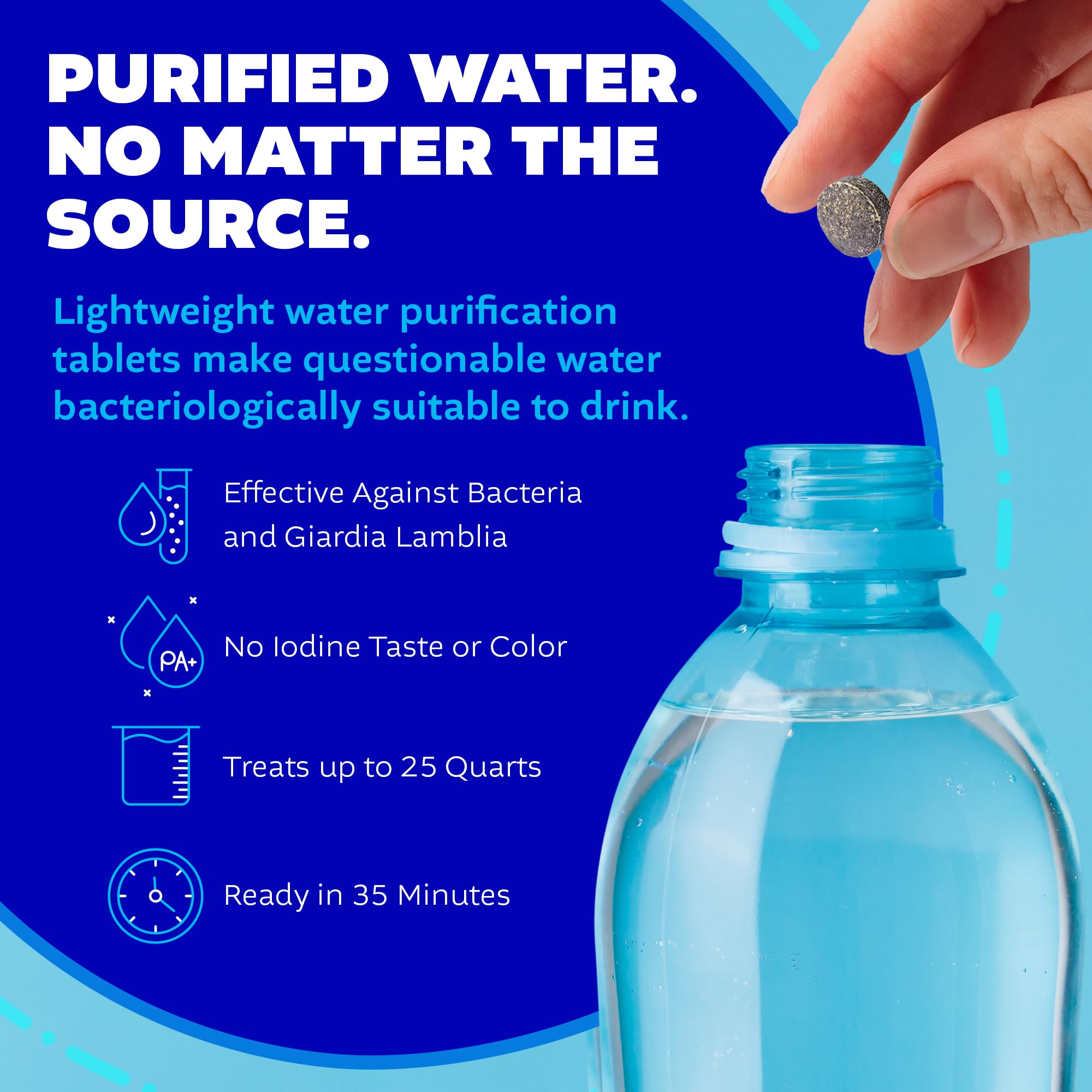 Potable Aqua Water Purification Tablets with PA Plus, Portable and Effective Solution for Camping, Hiking, Emergencies, Natural Disasters and International Travel, Two 50ct Bottles