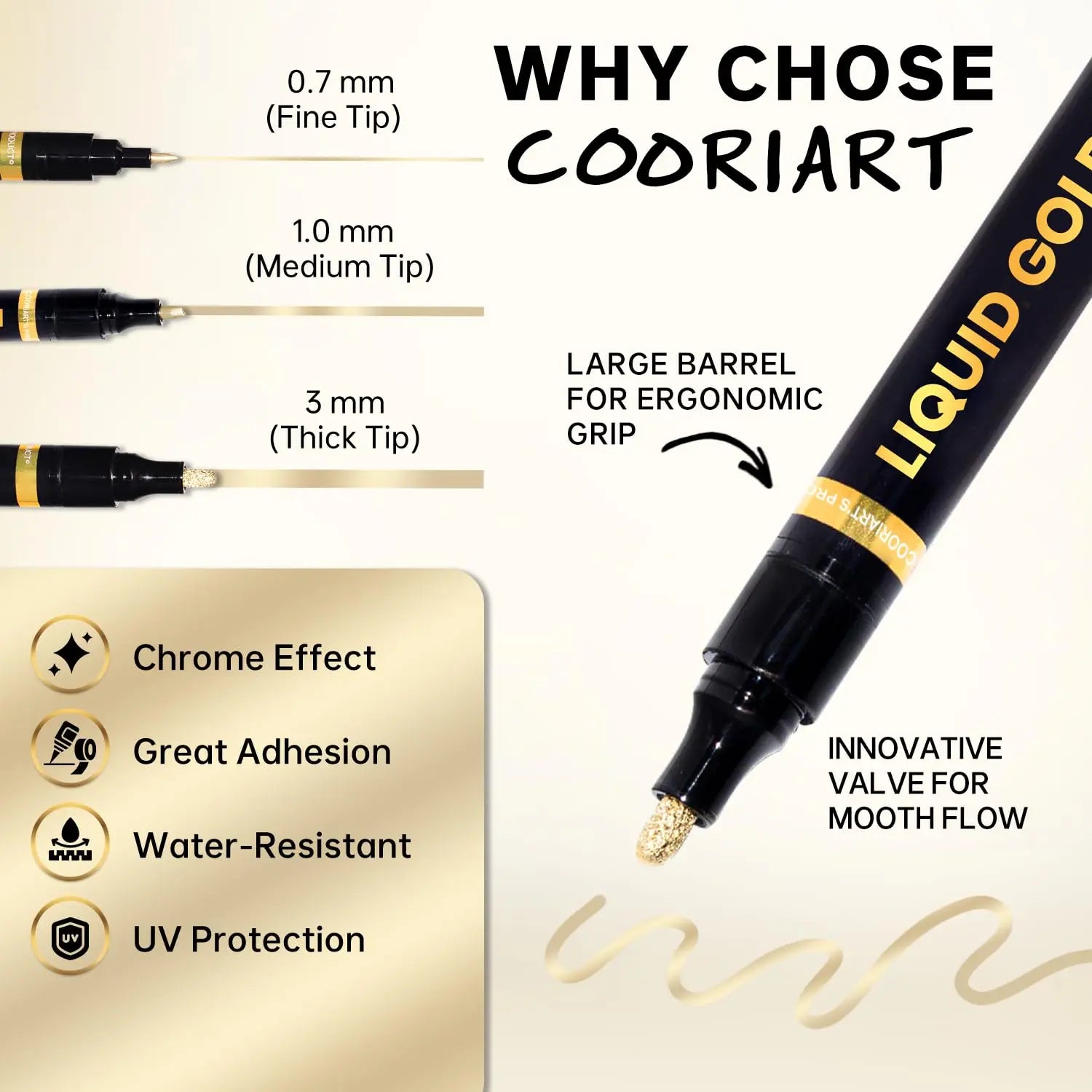 COORIART 3PK Permanent Mirror Chrome Gold Markers – Metallic Gold Paint Pens for Metal, Plastic, Fabric, Jewelry, Model Painting, Touch-Up and Repair Kit, Set of 3 Tips (0.7mm, 1mm, 3mm)