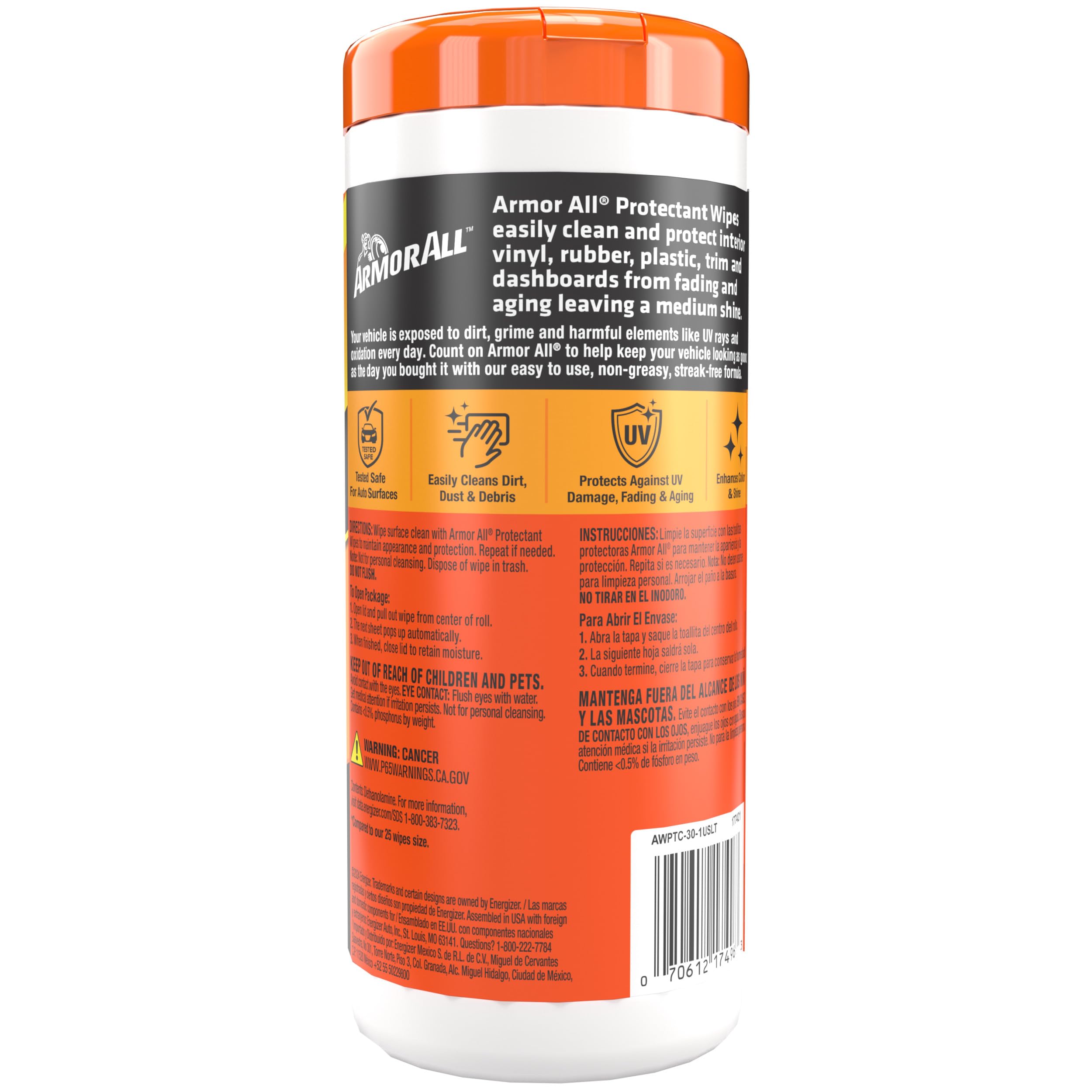 Original Protectant Wipes by Armor All, Car Interior Cleaner Wipes with UV Protection to Fight Cracking & Fading, 30 Count