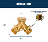 Morvat Heavy Duty Brass 2 way Y Splitter Garden Hose Hexagonal Connector with Comfortable Grip Shut Off Valves, Adapter for Water Tap, Outlet, & Spigot, Includes 2 Extra Rubber Washers & Teflon Tape