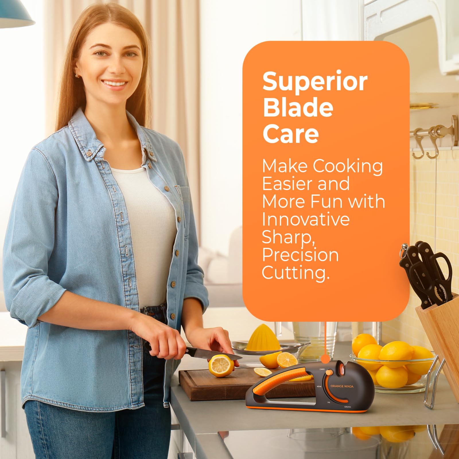 Orange Ninja 4-Stage Knife Sharpener & Serrated Knife Sharpener– Repairs, Sharpens & Polishes Blades with Ergonomic Non-Slip Grip by Sharp Pebble