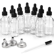 12 Pack, 2 oz Glass Eye Dropper Bottles w/ 3 Stainless Steel Funnels & 1 Long Pipette Dropper & 24 Labels - 60ml Clear Tincture Bottles for Essential Oils, Liquids - Leakproof Travel Essential Bottles