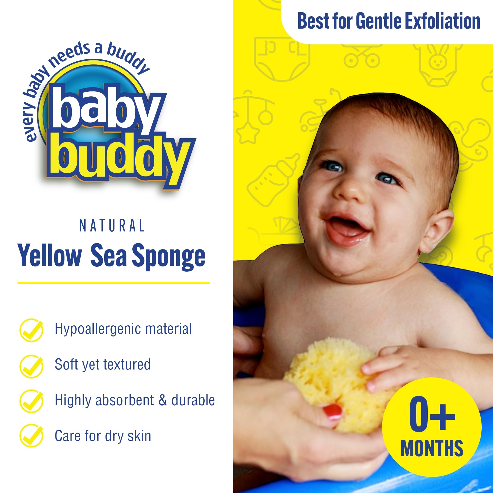 Baby Buddy Natural Yellow Sea Sponge, Newborn Bath Time Essential, Soft and Gentle for Tender Skin, Hypoallergenic and Biodegradable, 1 Pack