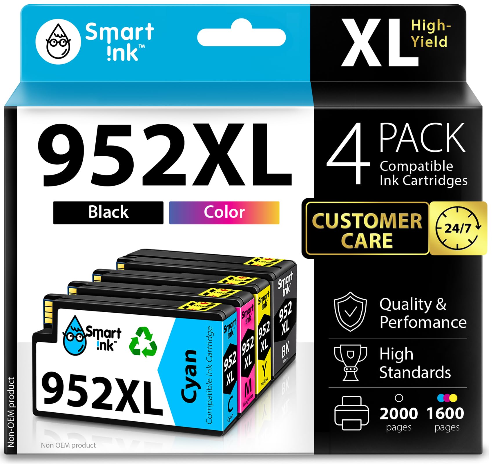 Smart Ink Kompatible Druckerpatronen als Ersatz für HP 952XL 952 XL, 4er-Kombipack (Schwarz, Cyan/Magenta/Gelb) zur Verwendung mit HP OfficeJet Pro 8710 7740 8720 8715 8210 8703 OfficeJet 8702 Druckern