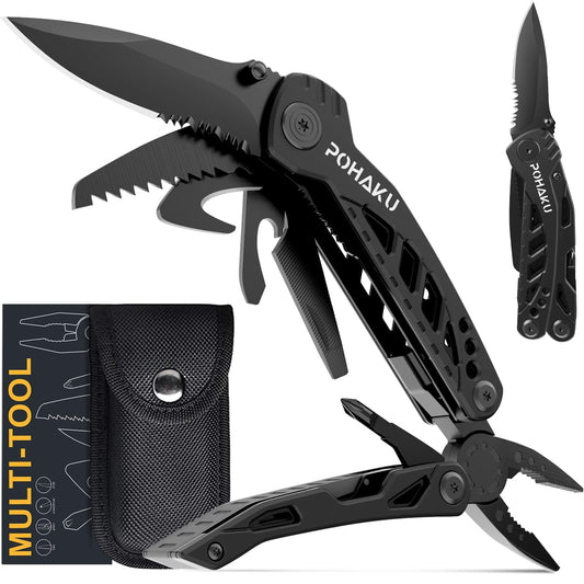 Pohaku Multitool Knife, Pohaku 13 in 1 Pocket Multitool, Multi Tool with 3" Large Blade, Safety Locking Design, Spring-Action Plier, Durable Nylon Sheath for Outdoor, Camping, Fishing, Survival,Hiking