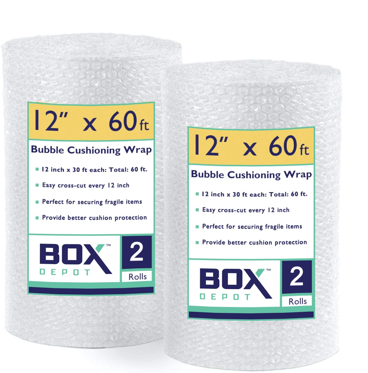12 inch x 60 ft bubble cushioning wrap perforated bubble roll, cushioning for moving & shipping extra-thick cushioning for fragile items 2 rolls