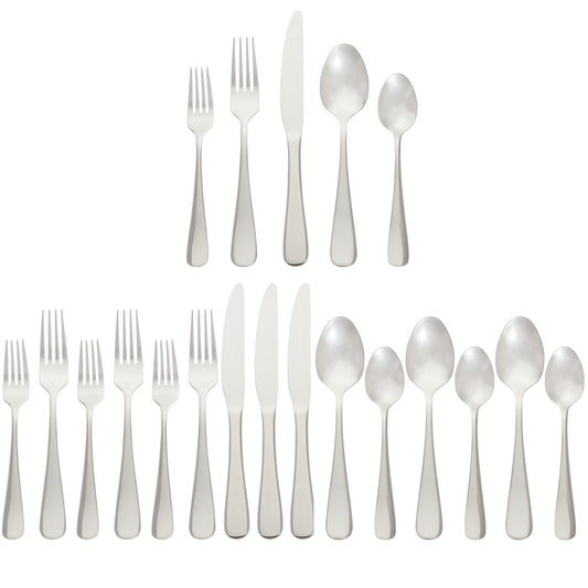 Amazon Basics Silverware, 20-Piece Stainless Steel Flatware Set, Service for 4, Durable Silver Finish, Round Edge