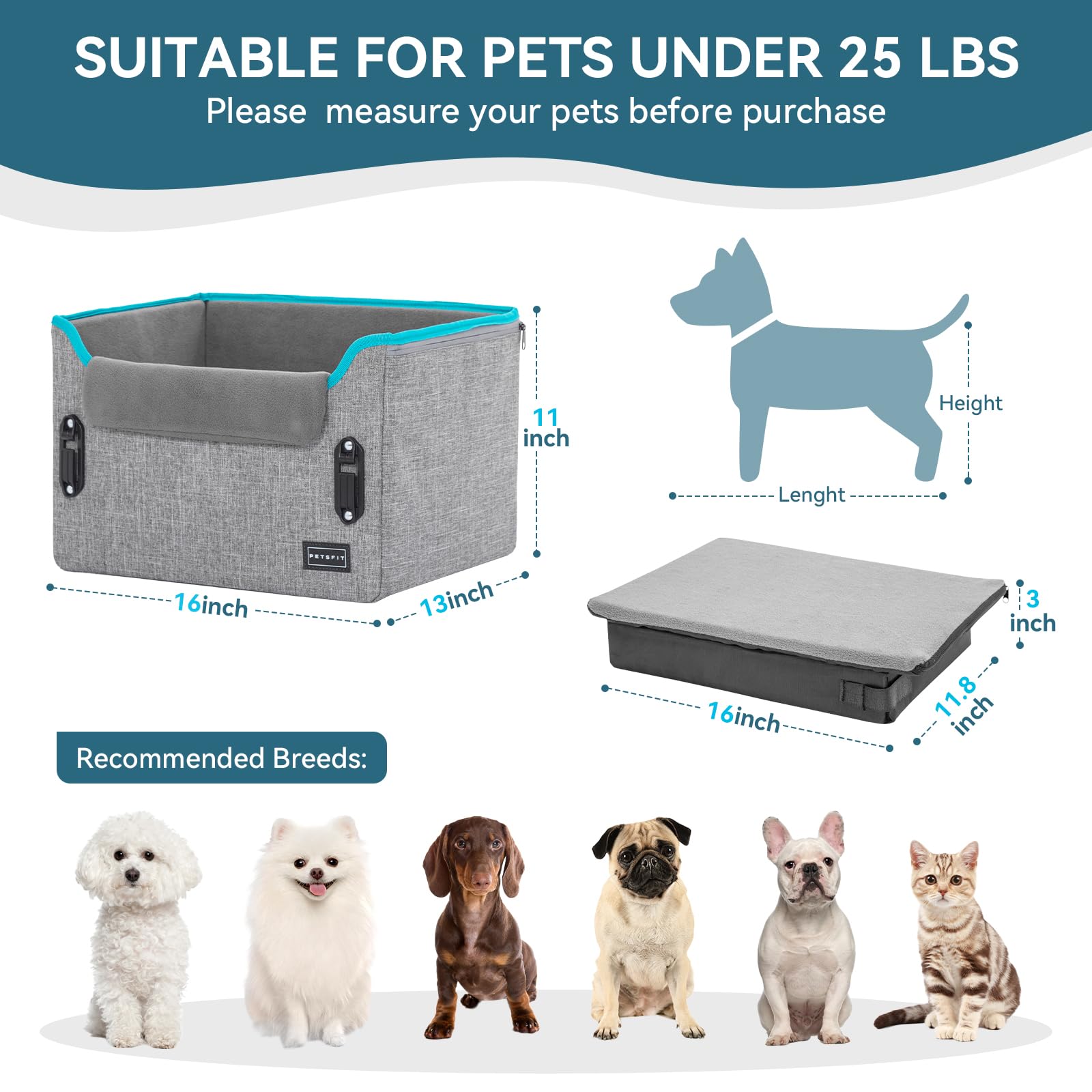 PETSFIT Dog Car Seats for Small Dogs, Patent Safety Buckles Dog Booster Car Seat, Dog Carseat with Safety Belt, Suitable for Small Pets Up to 25lbs (Grey)