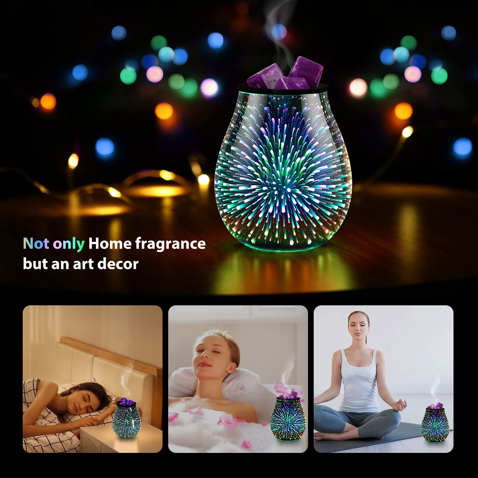 Inrorans 3D Glass Electric Wax Melt Warmer Oil Burner with Stable Heating PTC Reusable Silicone Tray 7 Colorful Changing Led Light Night Light Scent Warmer for Home Fragrance Warmers(3D Firework)…