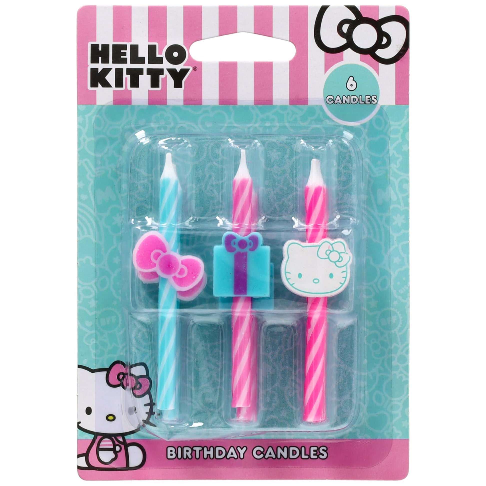 Hello Kitty® Birthday Cake Candles | 6 Birthday Candles for Cake Decorations, Pink & Blue Striped Candles, Cupcake Toppers for Hello Kitty® Party