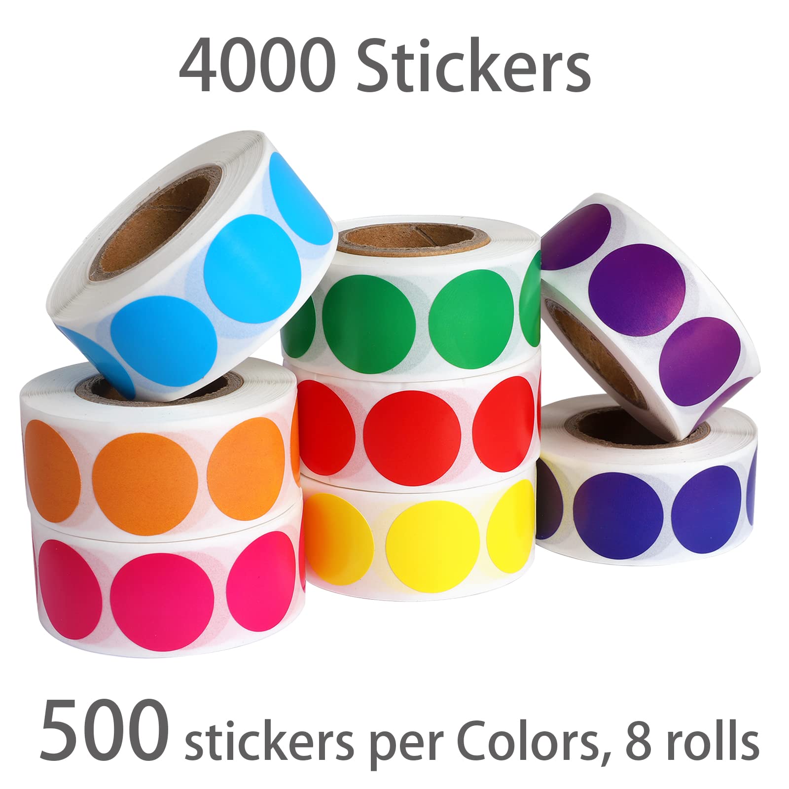 4000 PCS 3/4" Colored Dot Stickers Circle Color Coding Labels, 8 Color Style Colorful Coding Label Sticker for Office, Student Classroom(8 Rolls, 3/4 Inches)