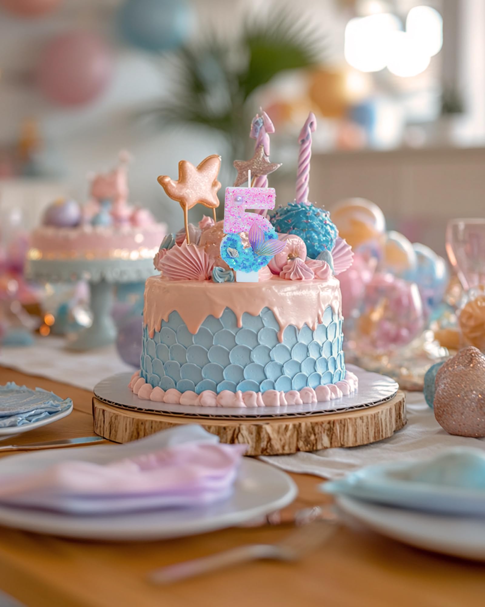 Mermaid Themed Birthday Candles, Number 5 Girls Glitter Birthday Party Supplies,Anniversary Party Decor,2.87 inch Cake Topper Decorations (Mermaid Themed, Number 5)