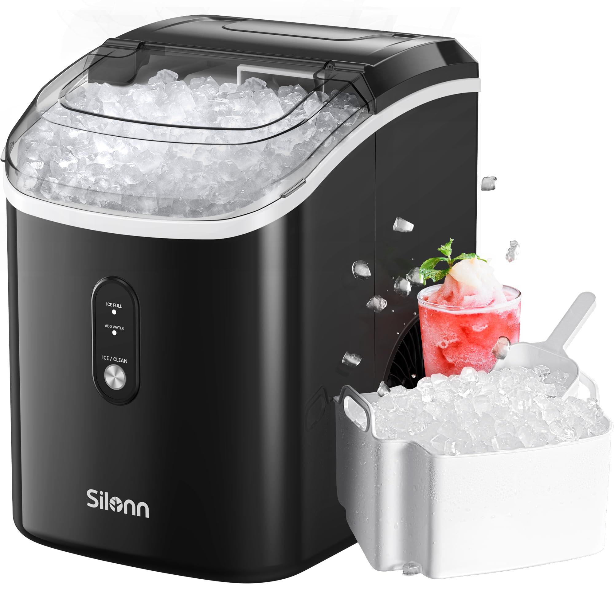 Nugget Ice Maker Countertop, Silonn Chewable Pellet Ice Machine with Self-Cleanin Function, 33lbs/24H Portable Ice Makers for Home Kitchen Officce, Black