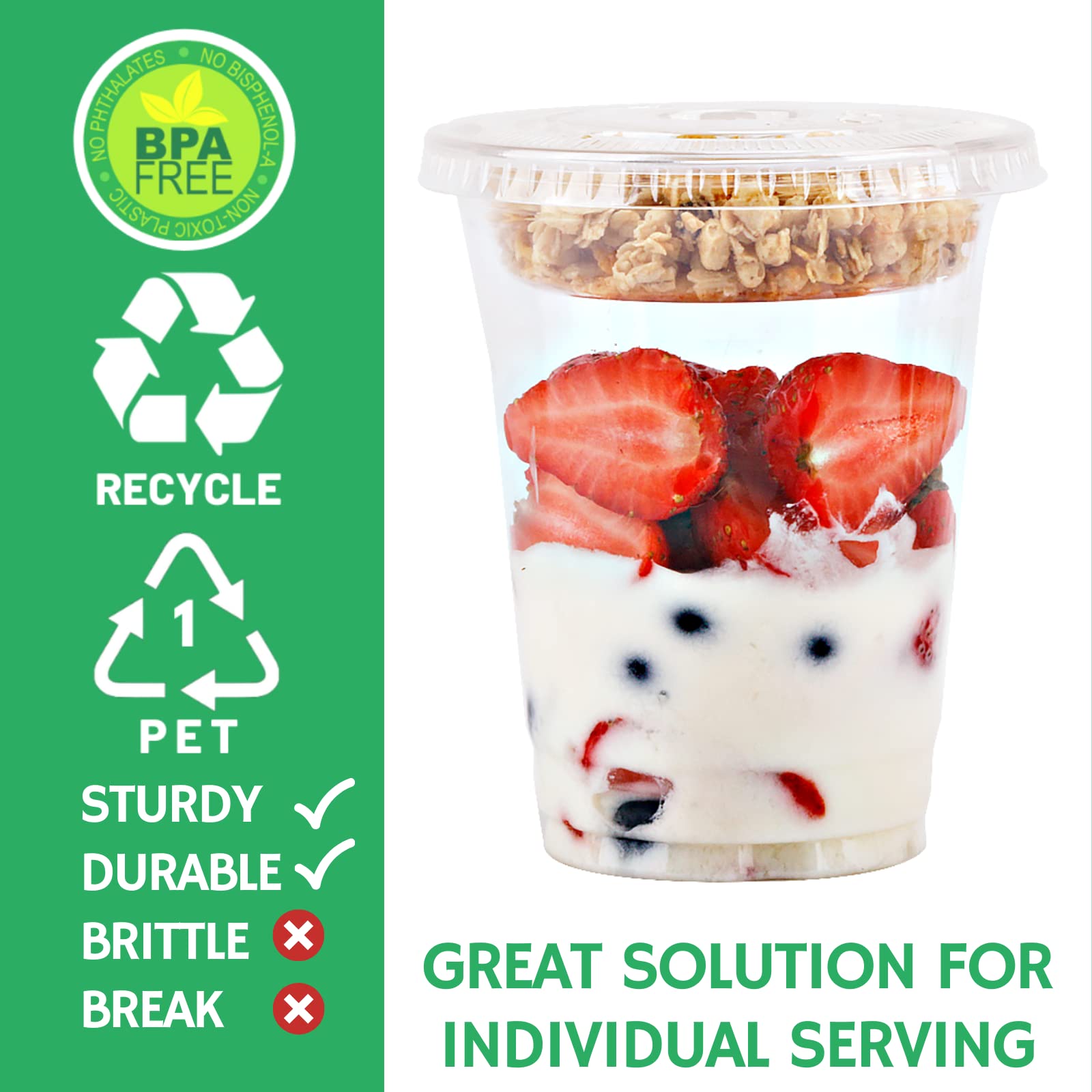 12 oz Clear Plastic Parfait Cups with Insert 3.25oz & Flat Lids No Hole - (50 Sets) Yogurt Fruit Parfait Cups for Kids, for Dips and Veggies, Take Away Breakfast and Snacks. No Leaking