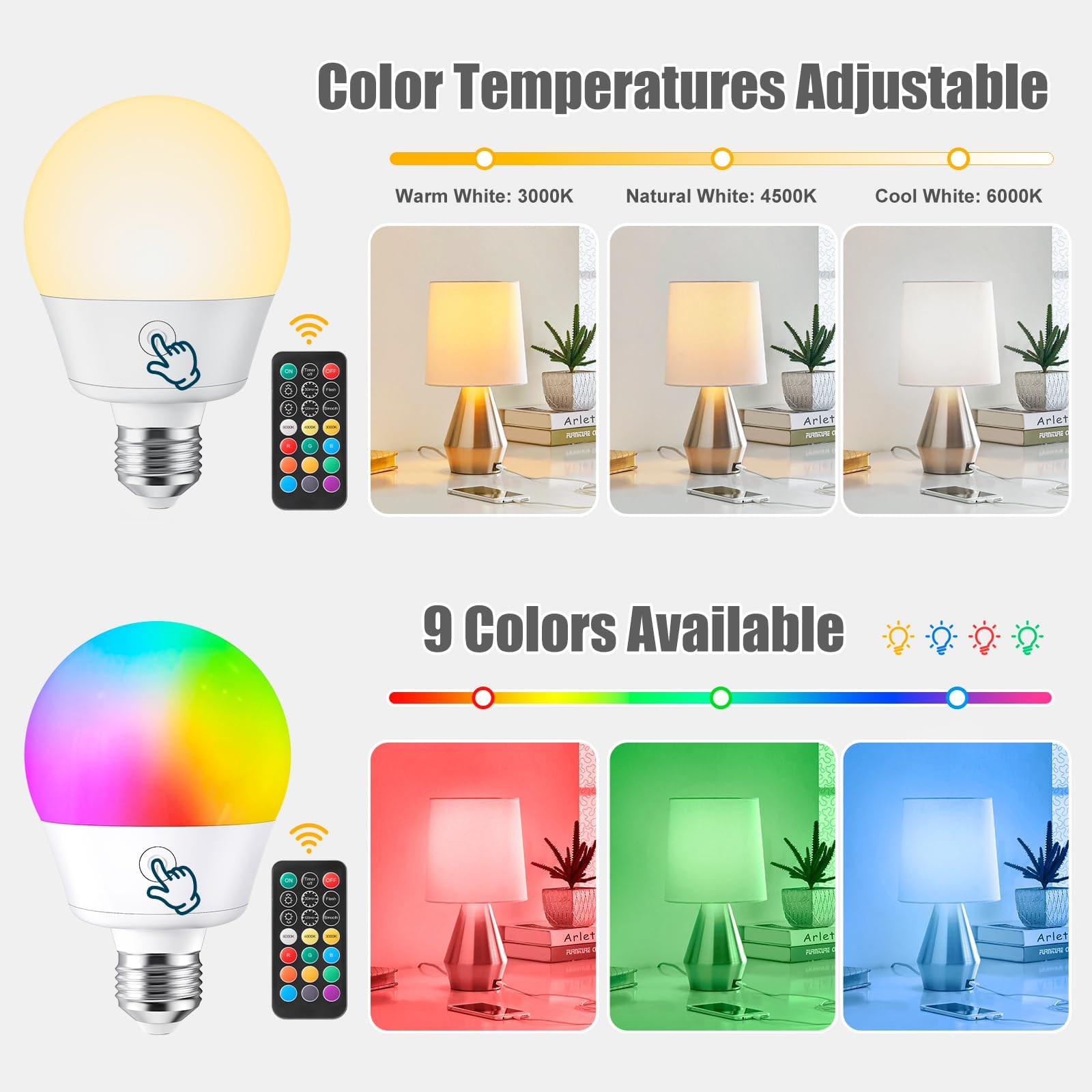 Brightown E26 Rechargeable Light Bulb with Remote and Timer, Battery Backup Bulb for Sconces and Lamps, Magnetic Bulbs for Non-Hardwired Fixture, 3 Color Temperatures + 9 RGB Colors, Dimmable, 2 Pack