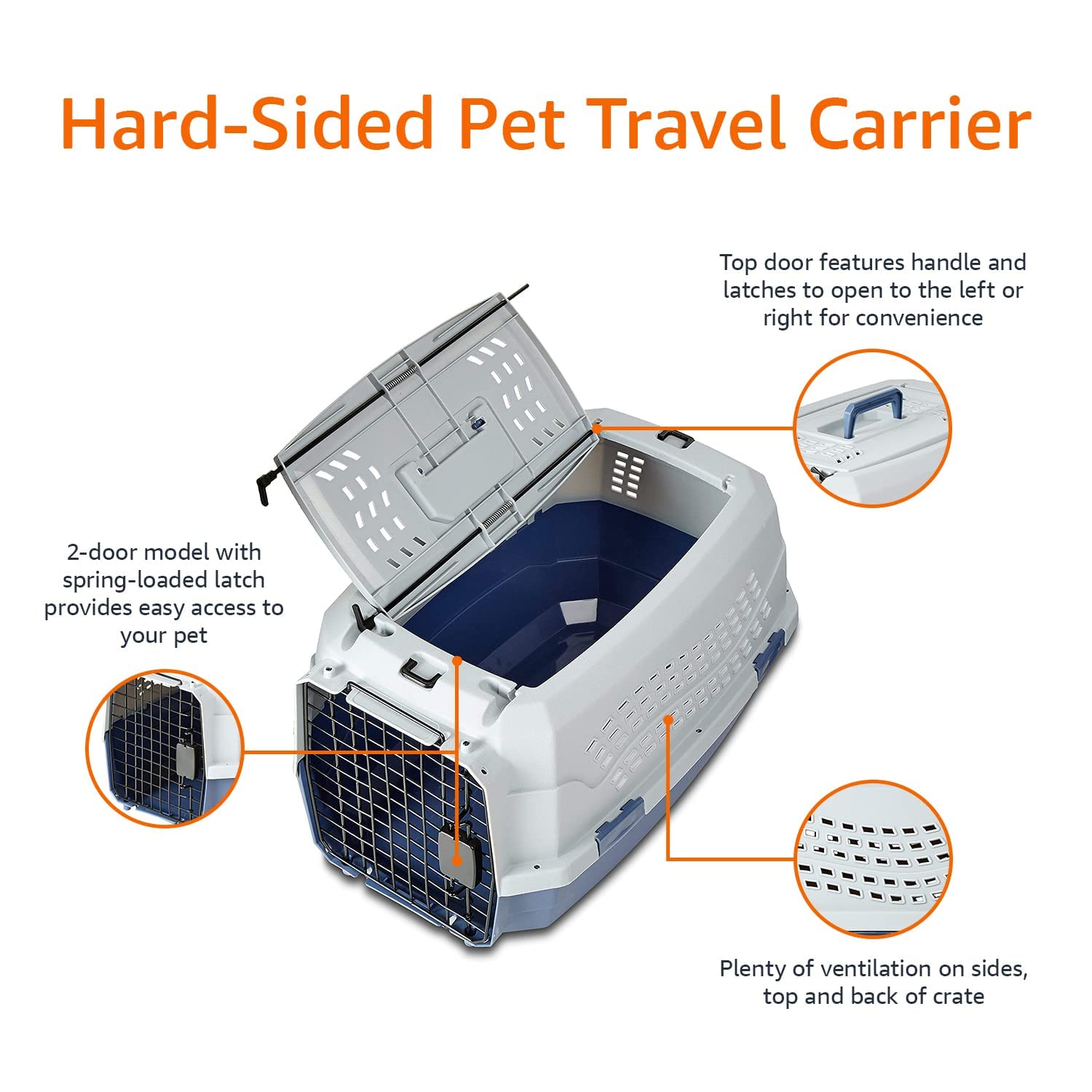 Amazon Basics 2-Door Top-Load Hard-Sided Dogs, Cats Pet Travel Carrier, Gray & Blue, 22.8"L x 15.0"W x 13.0"H