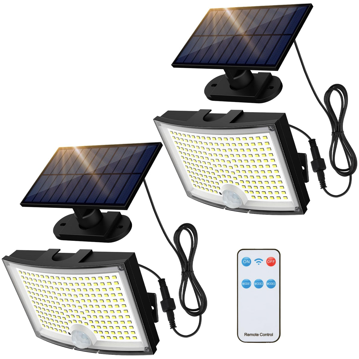 Adiding Solar-Außenleuchten, 202 LEDs Flutlicht mit 5 m Kabel, Solar-Bewegungssensor-Außenleuchten mit Fernbedienung, 3 Modi Solarbetriebene Sicherheitsleuchten für Terrasse, Hof, Garage, 2 Stück