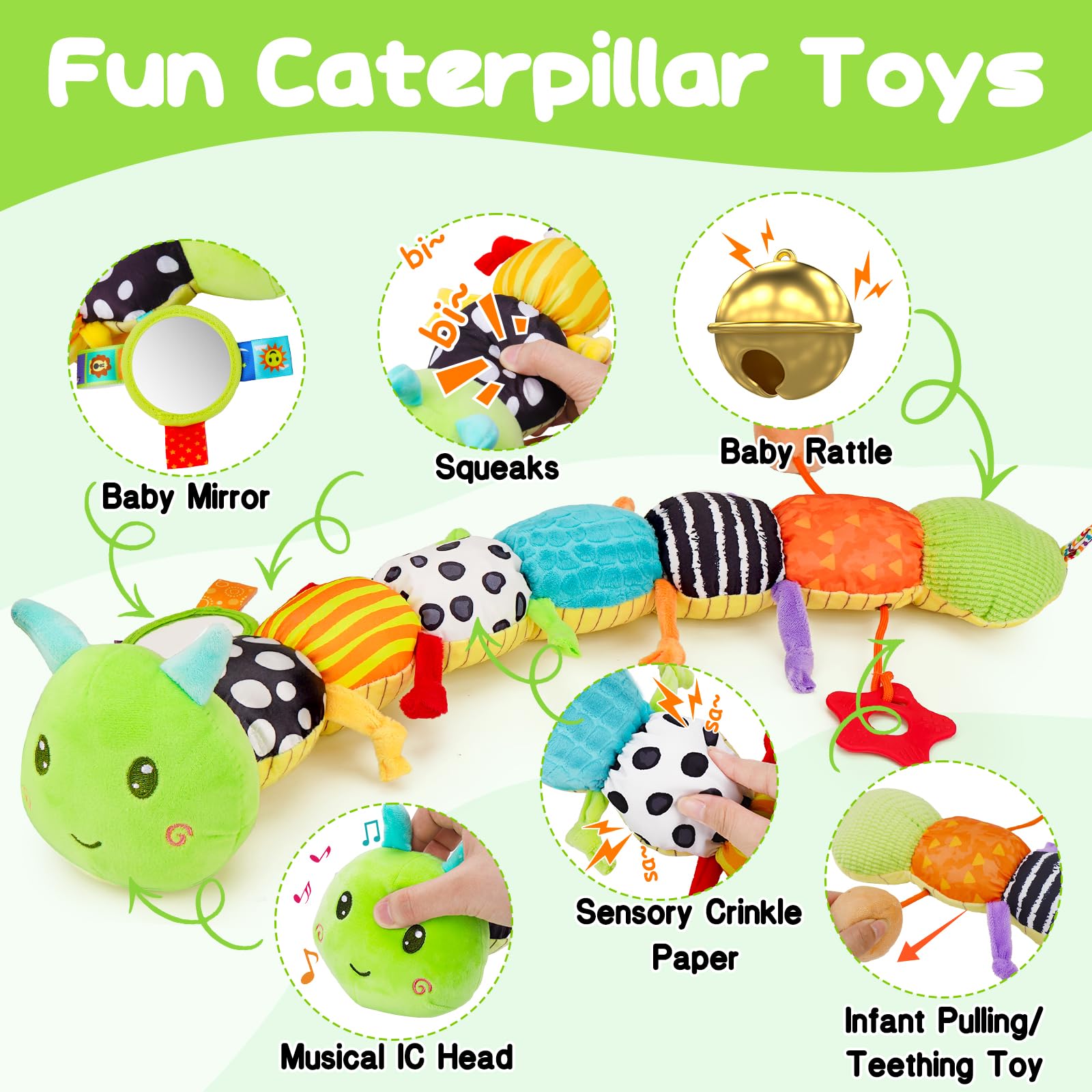 Baby Sensory Toy 0-6 Month Music Animal Stuffed Plush Caterpillar Toy for Infant 0-3-6 Month Tummy Time with Baby Mirror Crinkle Rattle for 6-12 Month Carseat Toys for Newborn Boys Girls Shower Gifts