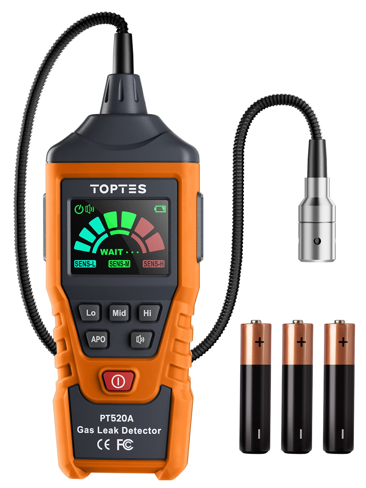 PT520A Natural Gas Detector, Gas Leak Detector with 17-Inch Gooseneck, Locating The Source Like Propane, Methane, and Butane for Home and RV (Includes Battery x3) - Orange
