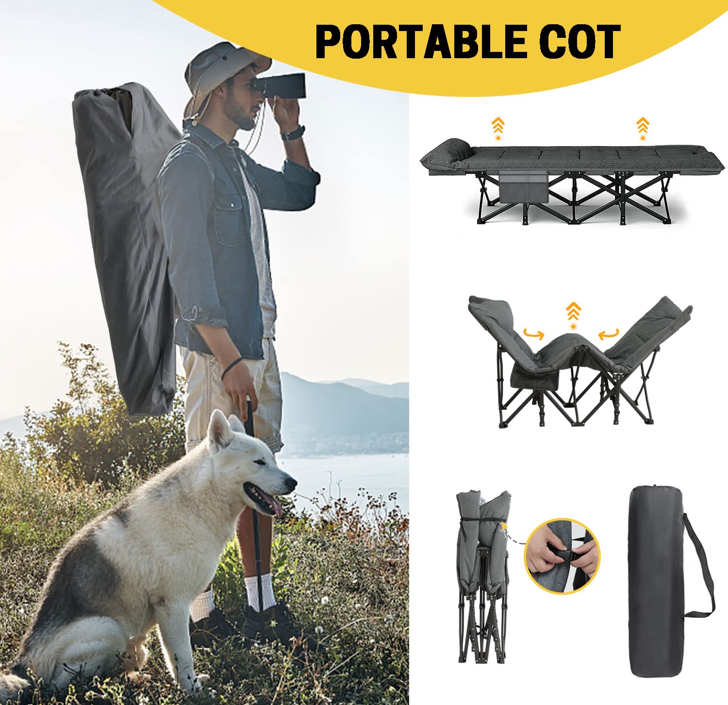 ATORPOK Camping Cot for Adults with Cushion and Pillow, Portable Folding Bed for Sleeping, Lightweight Tent cot with Carry Bag Supports 450 lbs (Grey)