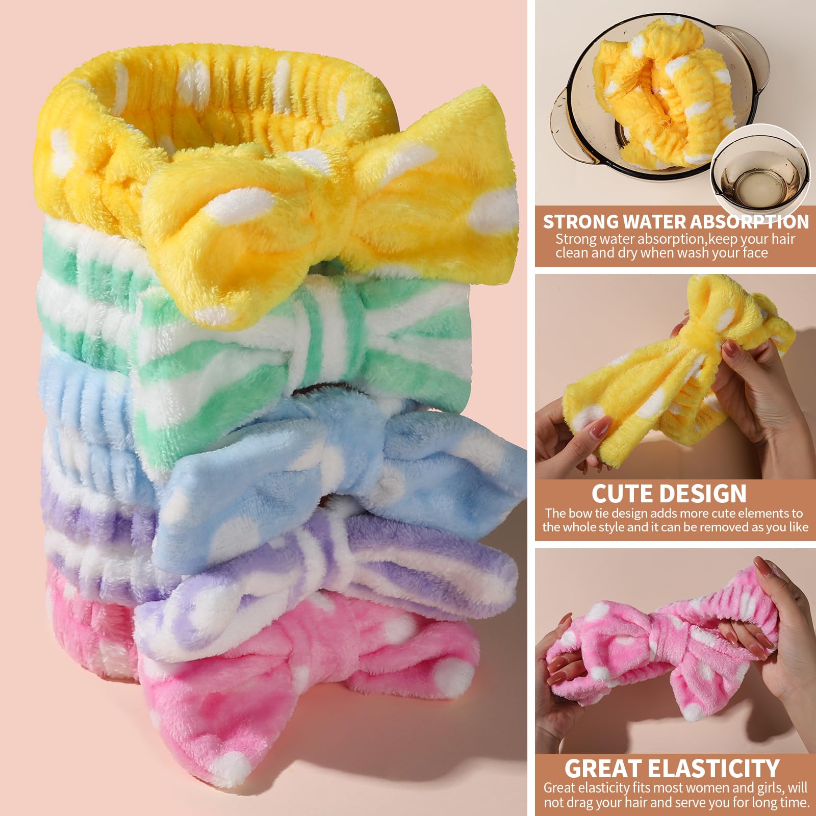 Teenitor 5pcs Makeup Headband with Removable Bow, Spa Headband for Washing Face, Makeup, Shower, Microfiber Skin Care Hairband for Girls Women Gift