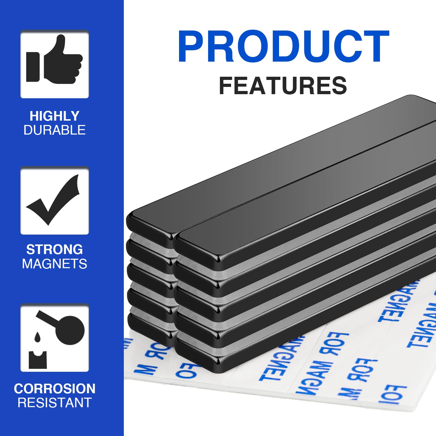 MIKEDE Neodymium Magnets, 5 Pack Black Super Strong Magnets Bar, Waterproof Heavy Duty Magnet with Adhesive Backing, Rare Earth Small Magnet Strips for Fridge, DIY, Craft, Science - 60x10x3 mm