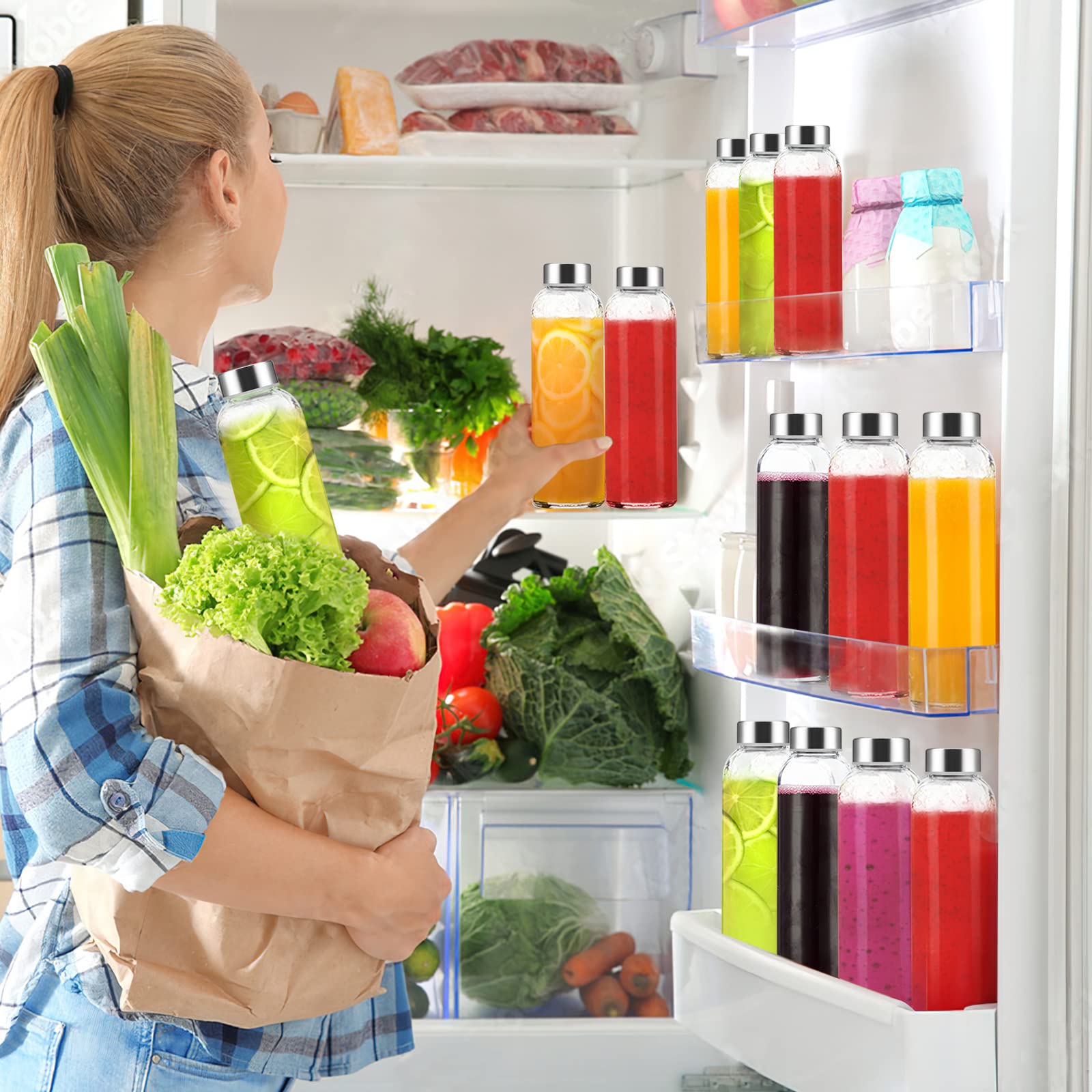 Luxfuel Clear Glass Bottles with Lids 18 oz, Reusable Glass Water Bottles with Stainless Steel Cap for Juicing, Refrigerator,100% Leak Proof, BPA Free, Juice Water Bottle Set of 6