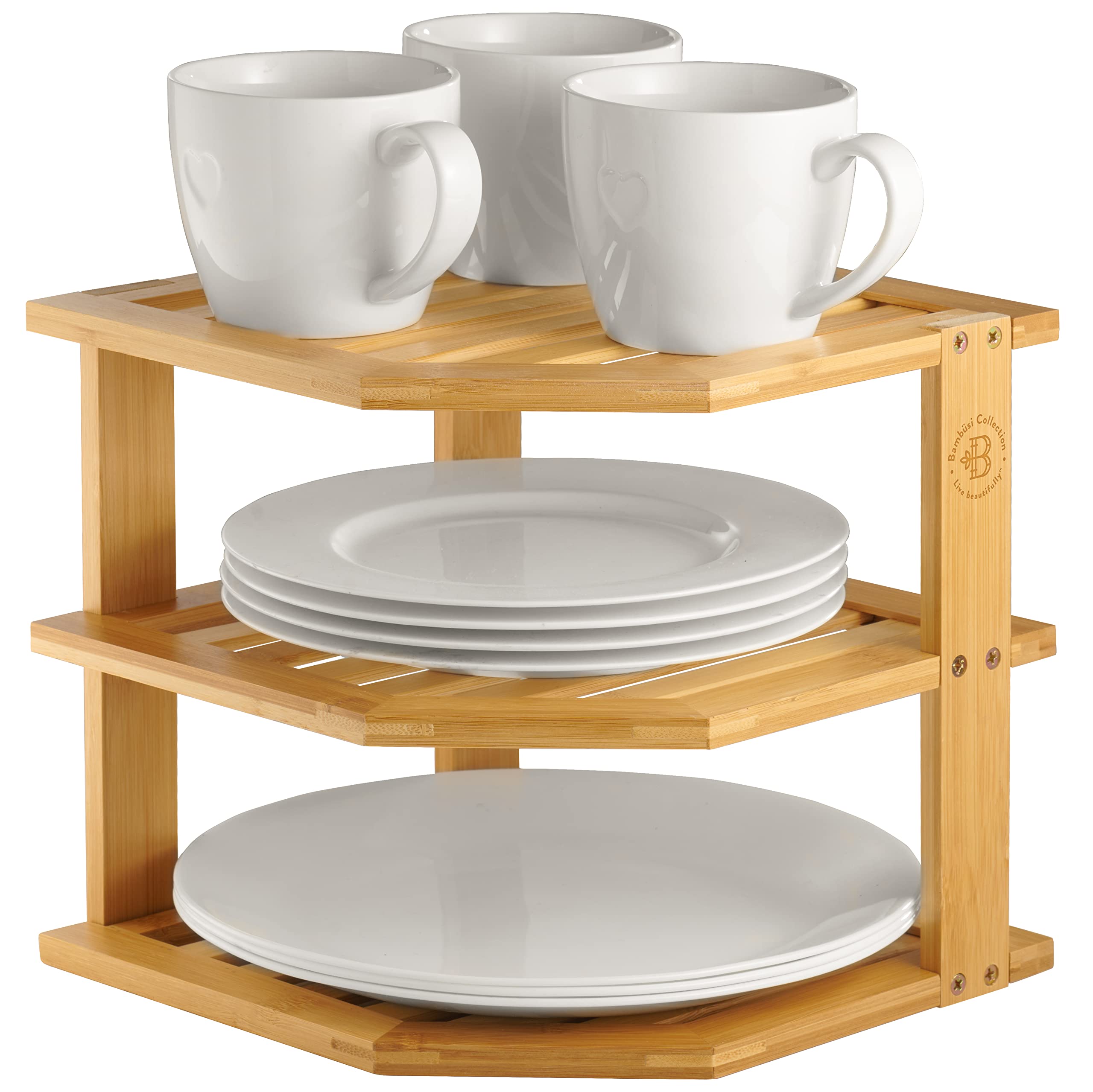 Cabinet Organizer Shelf - Bamboo Corner Rack for Kitchen Counter, Cabinet Space Saver for Plates, Dishes, Bowls, Bread - Pantry and Bathroom Storage or Countertop - Useful Home & Housewarming Gift
