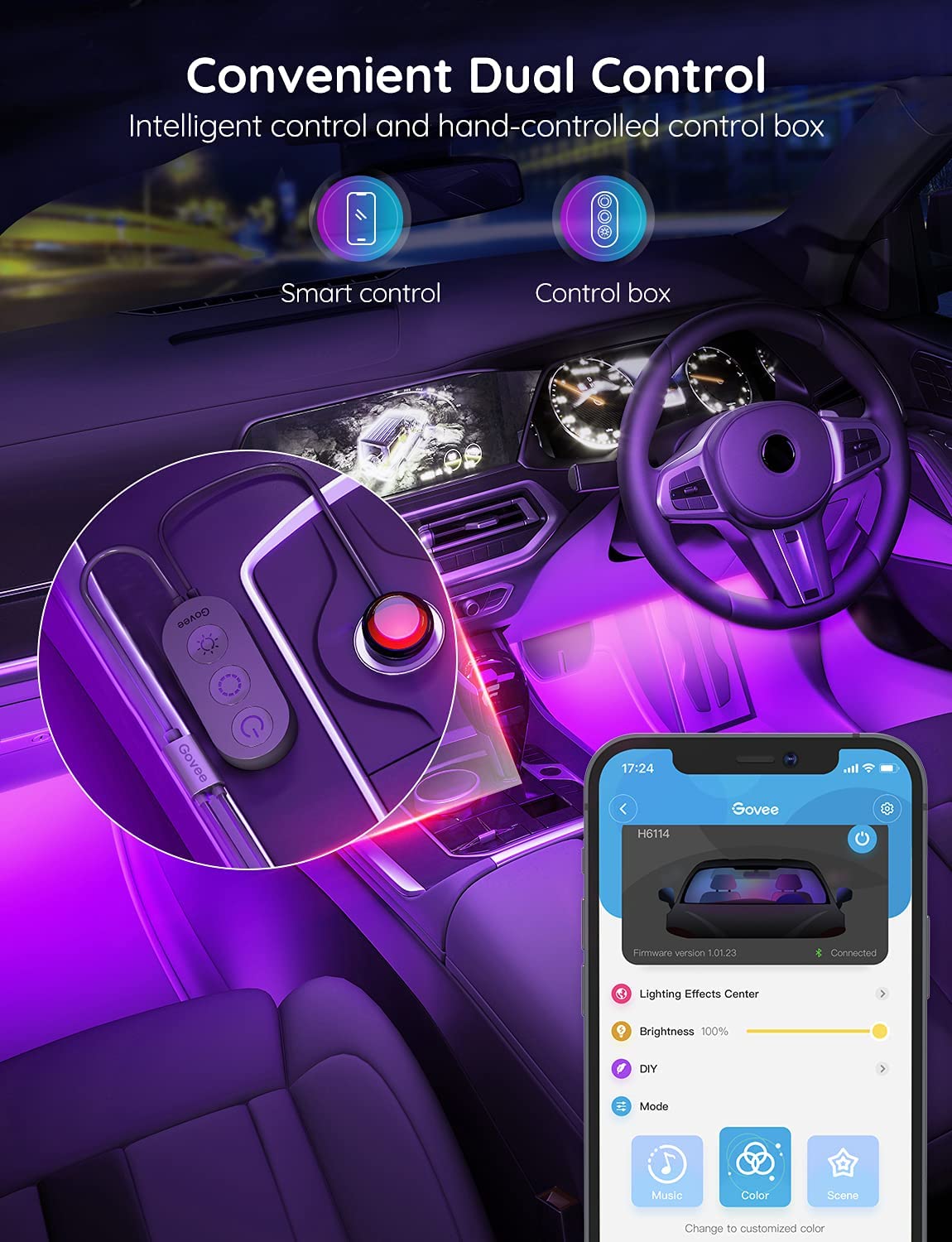 Govee Car LED Lights, Smart Car Interior Lights with App Control, RGB Lights with DIY Mode and Music Mode, 2 Lines Design LED Lights for Cars with Car Charger, 12V