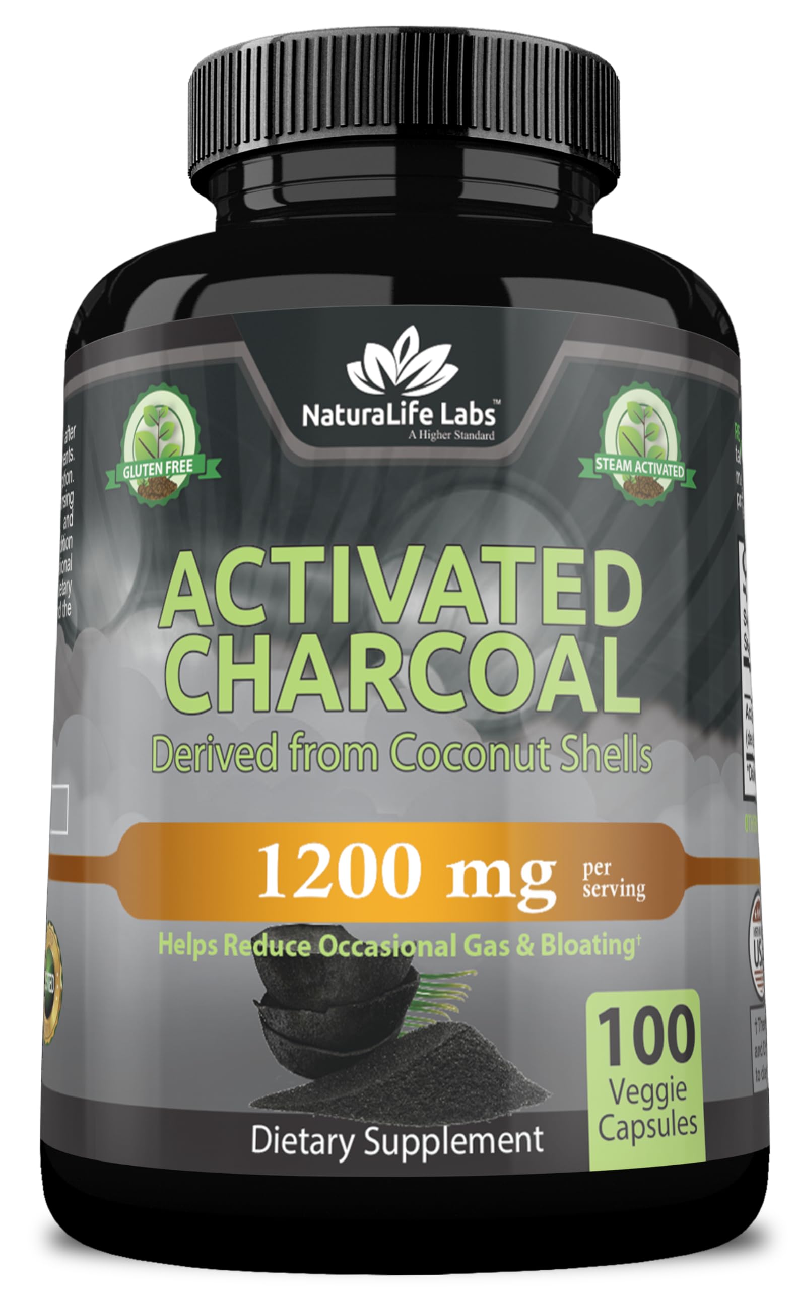 NaturaLife Labs Activated Charcoal 1,200 mg – Highly Absorbent – Supports Relief of Occasional Gas & Bloating – from Coconut Shells – 100 Veg Capsules