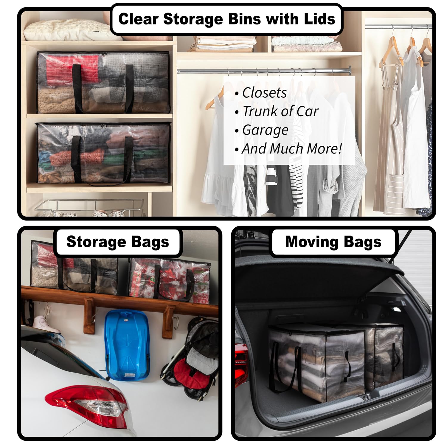ClearSpace Oversized Moving Bags or Storage Bag – Large Moving Tote with Carry Belt, Zippers & Handles – Reinforced Packing Bags for Moving, Student Apartments, Holiday Storage, 6 Pack