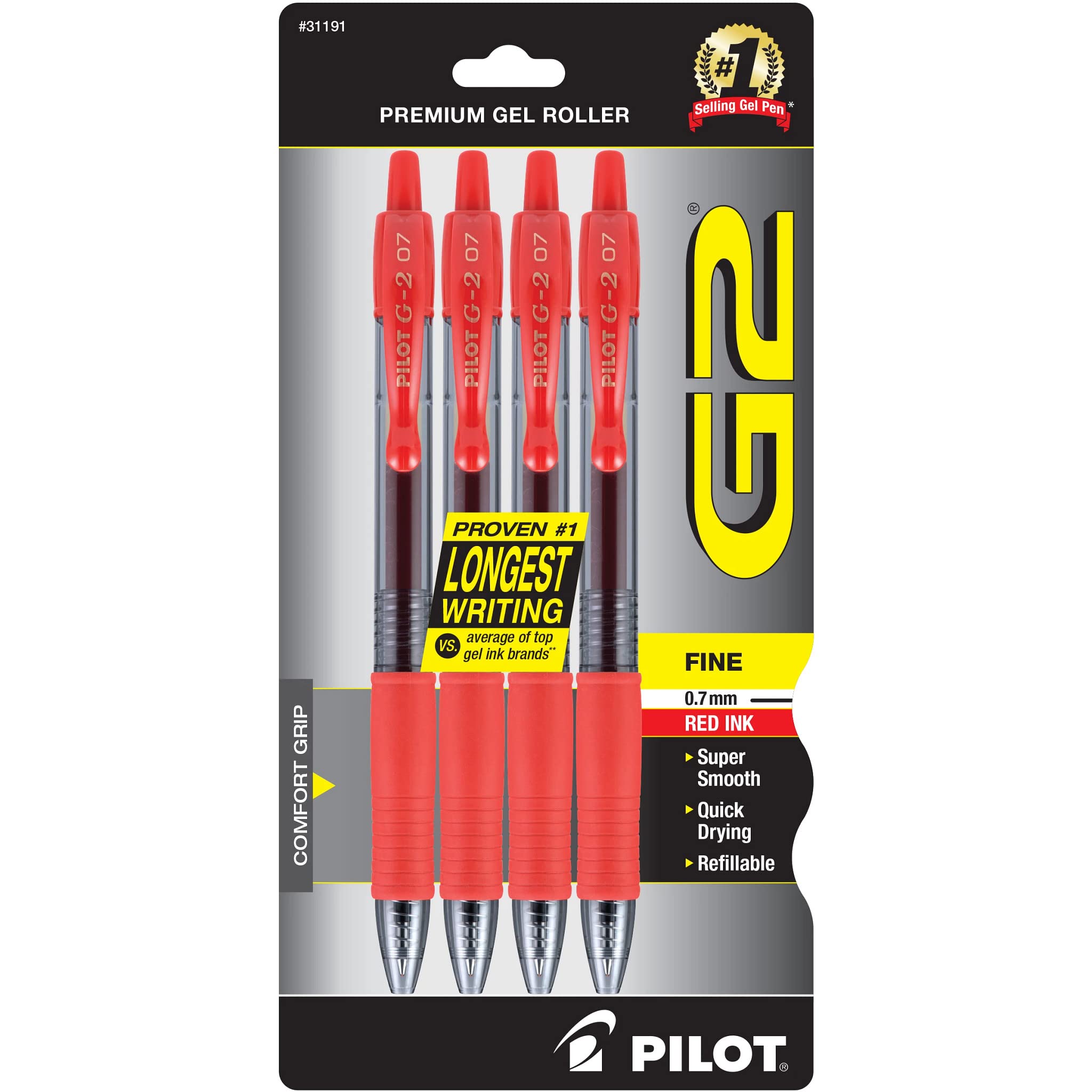 Pilot, G2 Premium Gel Roller Pens, Fine Point 0.7 mm, Black, Blue, Red, Green, Pack of 4