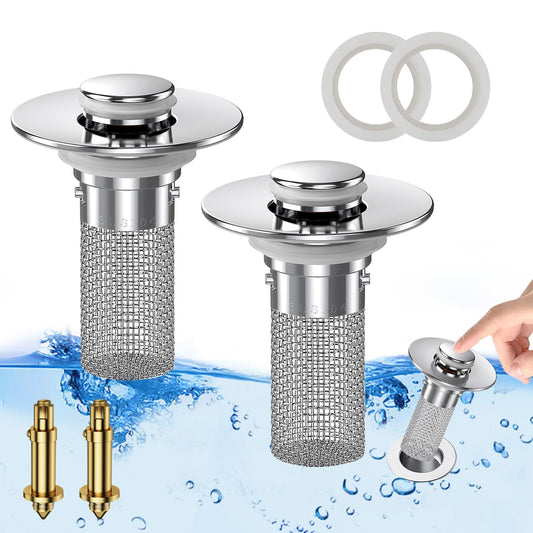 (2PCS) Bathroom Sink Drain Strainer, Pop-up Sink Drain Strainer with Removable Stainless Steel Strainer Basket Hair Catcher, Bathroom Sink Strainer for Bathroom Sink Stopper Replacement