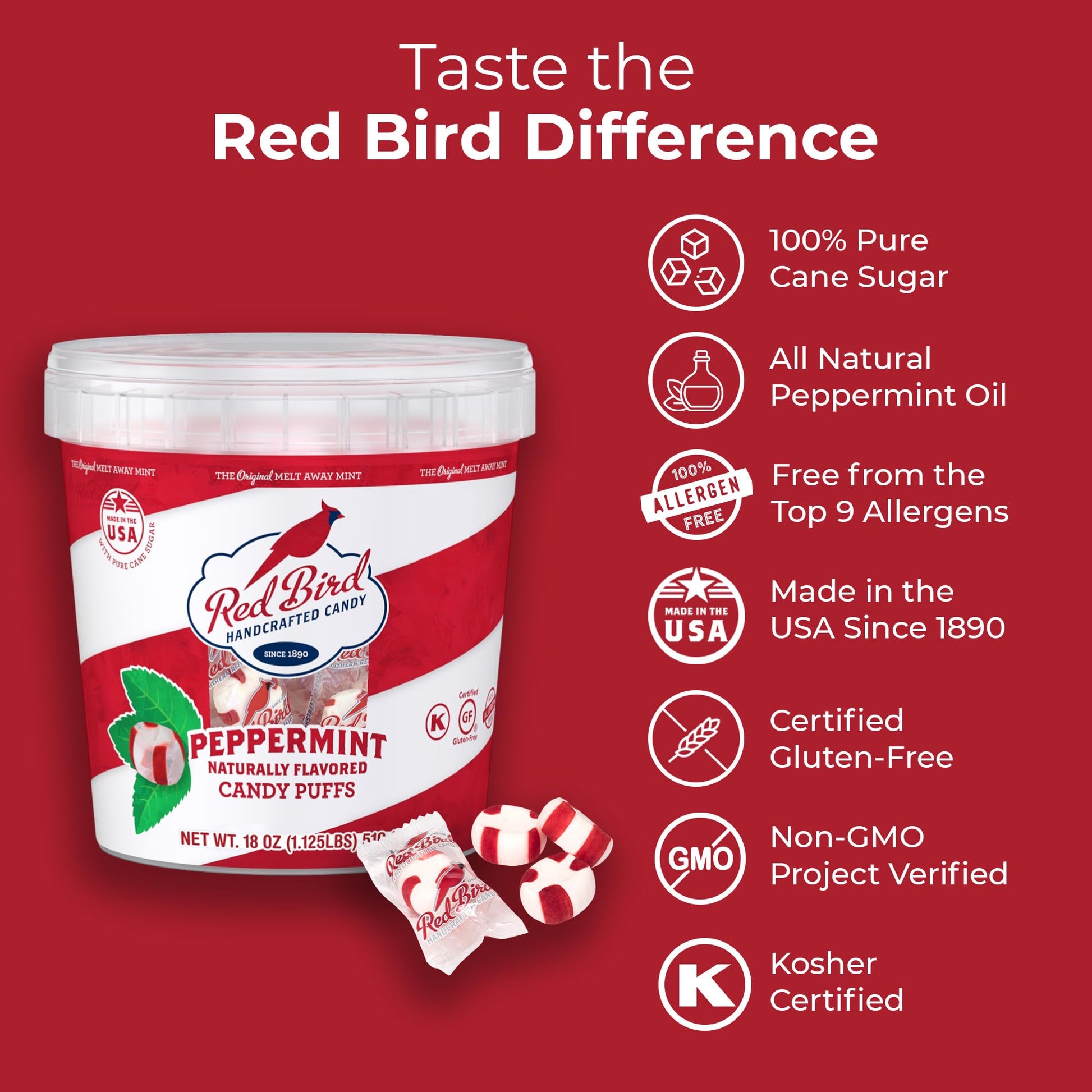 Red Bird Soft Peppermint Candy, Individually Wrapped, Gluten Free Breath Mints, 18 oz Tub