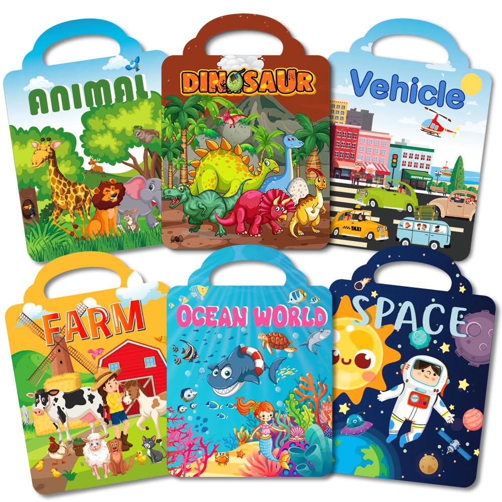 Aannanl Reusable Sticker Book for Children 2-4 Years Old, 6 Sets of Sticker Books for Toddlers Aged 1-3 and 2-4 Years Old Sticker Book for Girls and Boys-Farm+Animal+Dinosaur+Sea World+Space+Vehicle