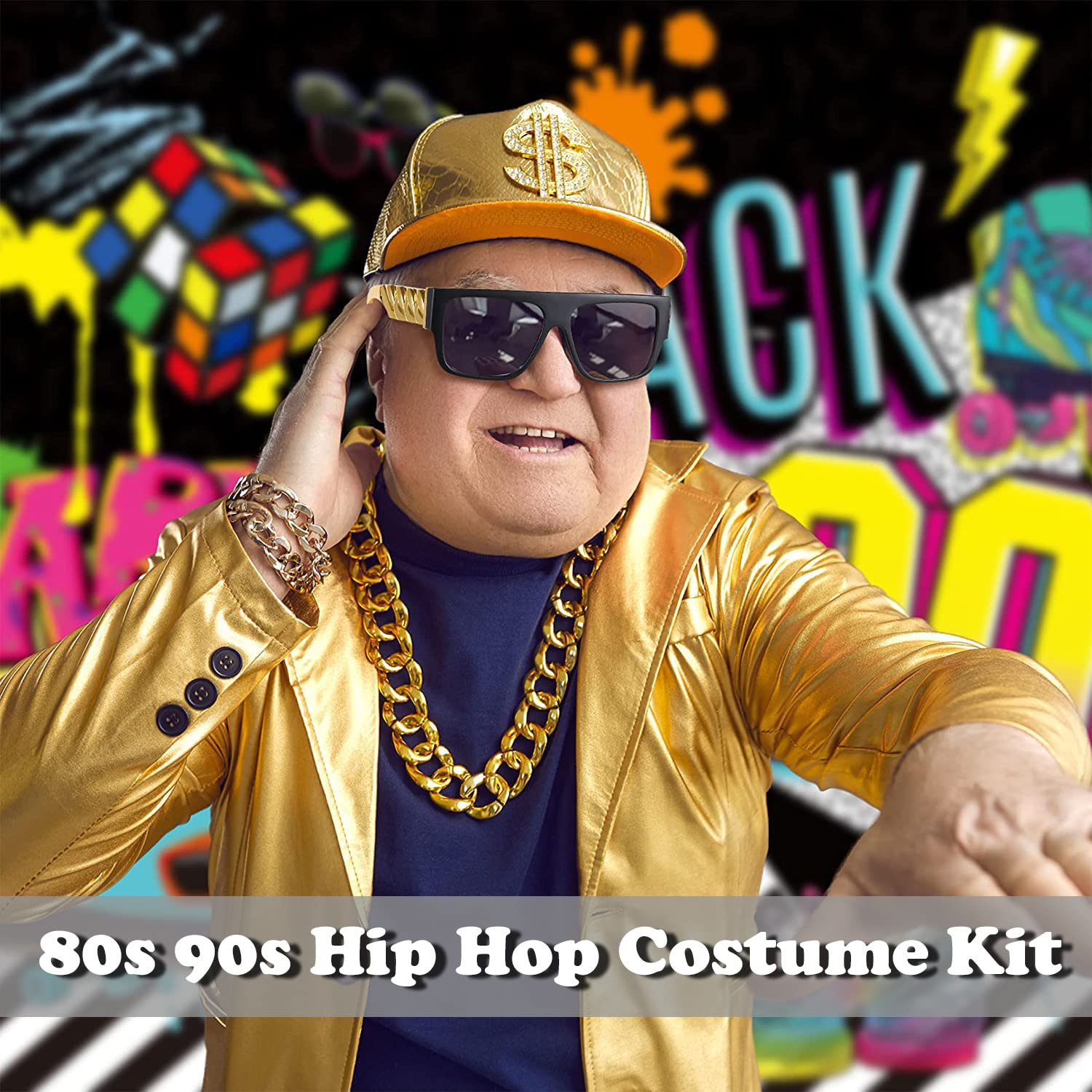 EIELO 80s 90s Accessories Outfit for Men Hip Hop Costume Kit Old School Rapper Sunglasses Faux Gold Rope Chain Bracelet Dollar Sign Chain Ring Kanji Ring Halloween Party Decorations