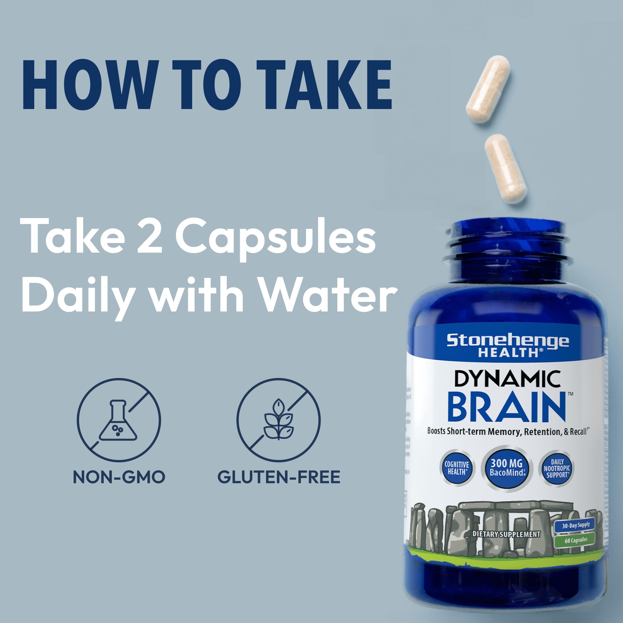 Stonehenge Health Dynamic Brain Supplement – New Formula with BacoMind for Memory Acquisition, Retention, & Recall with 40 Unique Nootropic: Choline, Phosphatidylserine, and Huperzine A